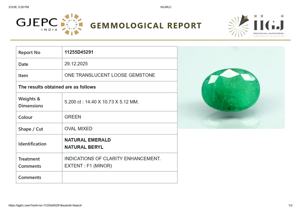 Zambian Emerald (Panna) 5.20 Carats / 5.71 Ratti