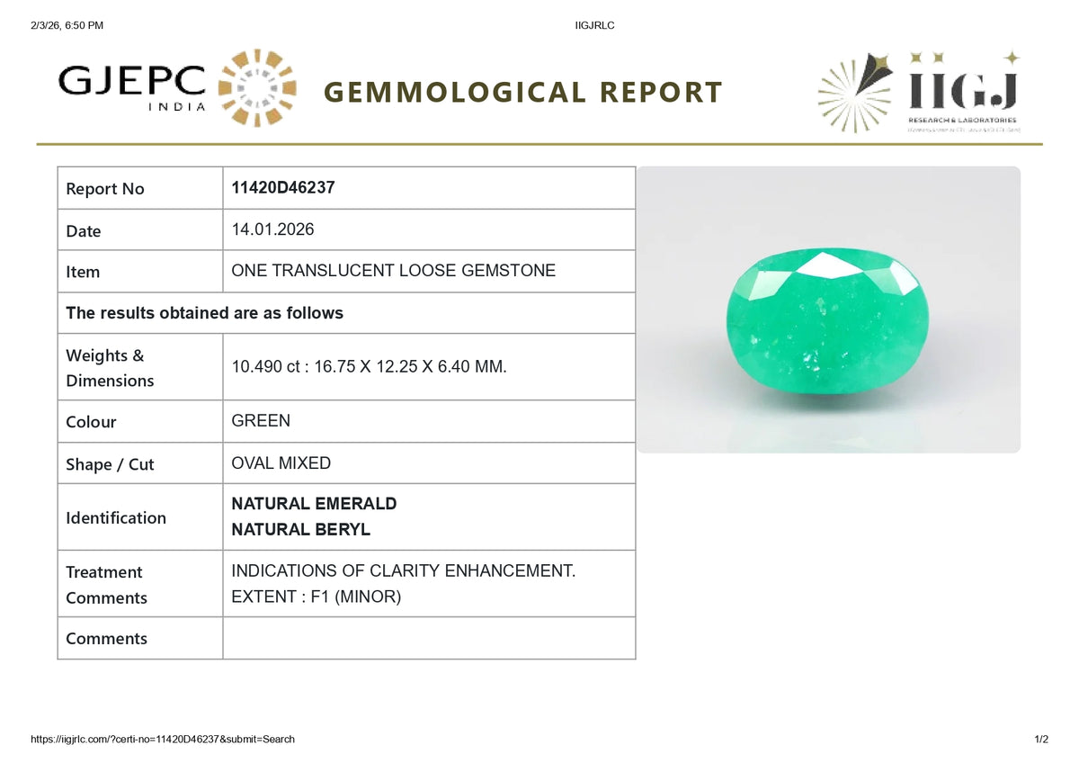 Zambian Emerald (Panna) 10.49 Carats / 11.53 Ratti