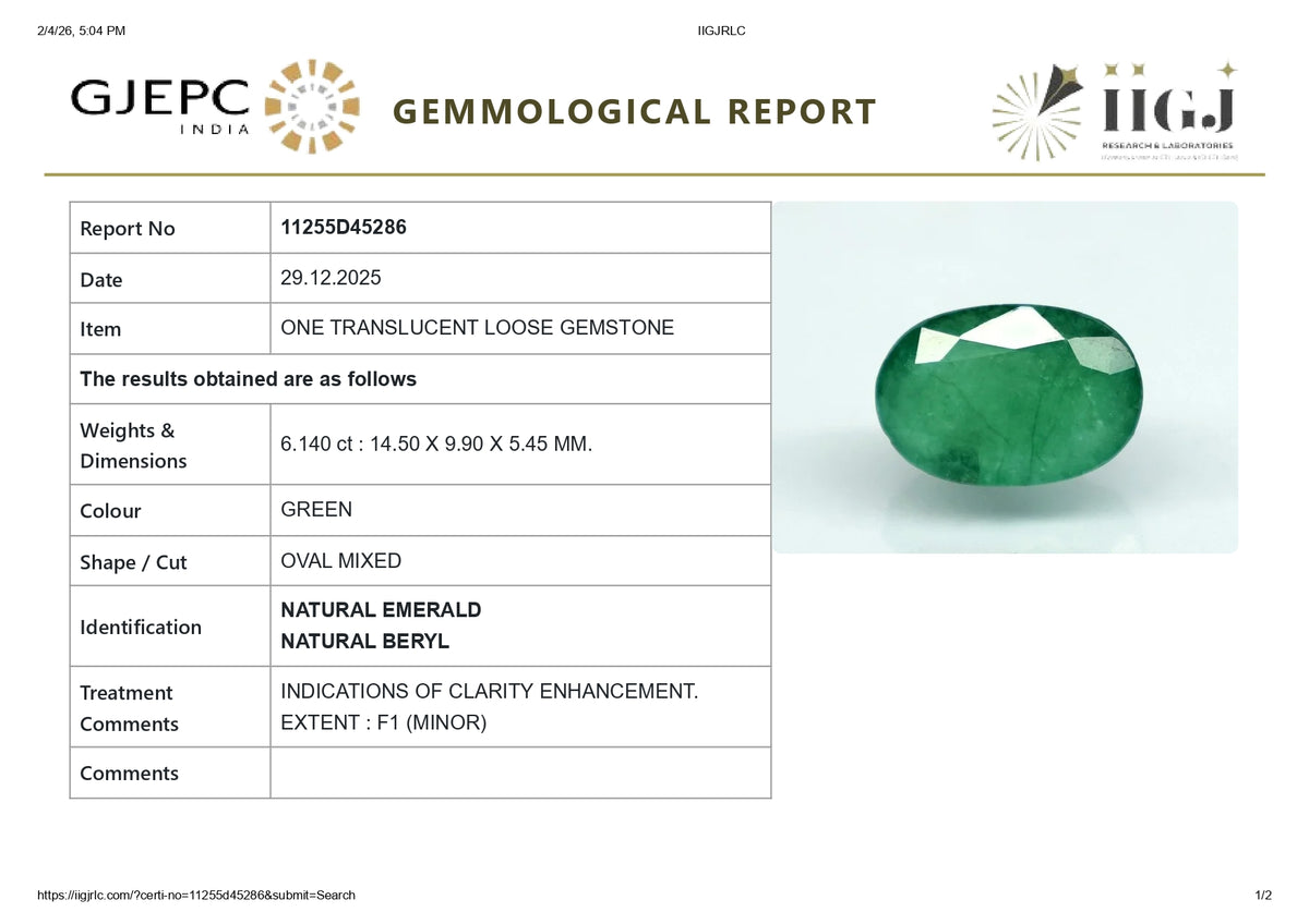 Zambian Emerald (Panna) 6.14 Carats / 6.75 Ratti