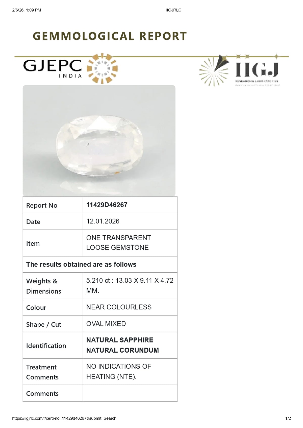 Natural White Sapphire 5.21 Carats / 5.73 Ratti