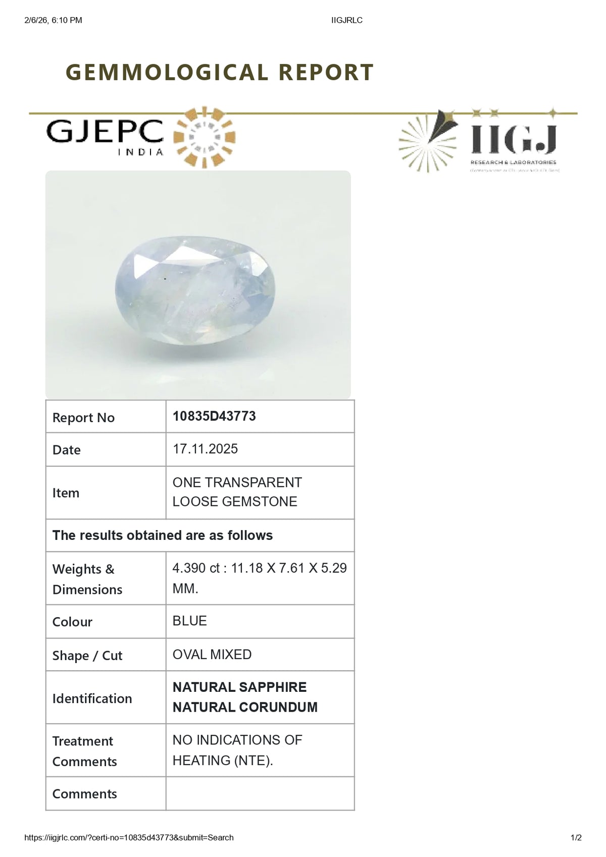 Natural Blue Sapphire 4.39 Carats / 4.82 Ratti