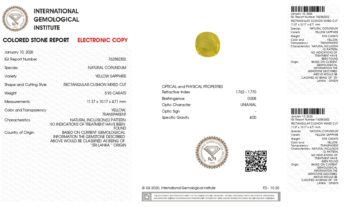 Natural Yellow Sapphire 5.93 Carats / 6.52 Ratti