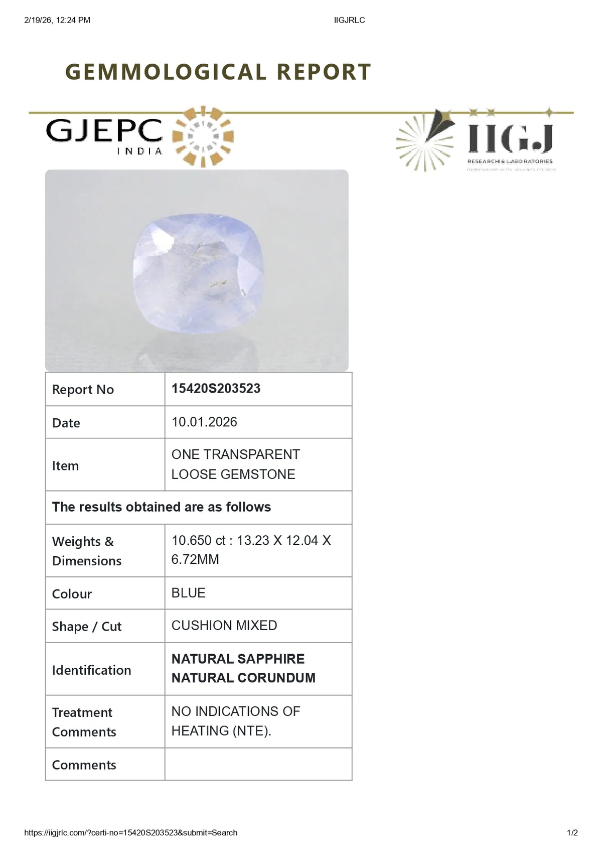 Natural Blue Sapphire 10.65 Carats / 11.7 Ratti