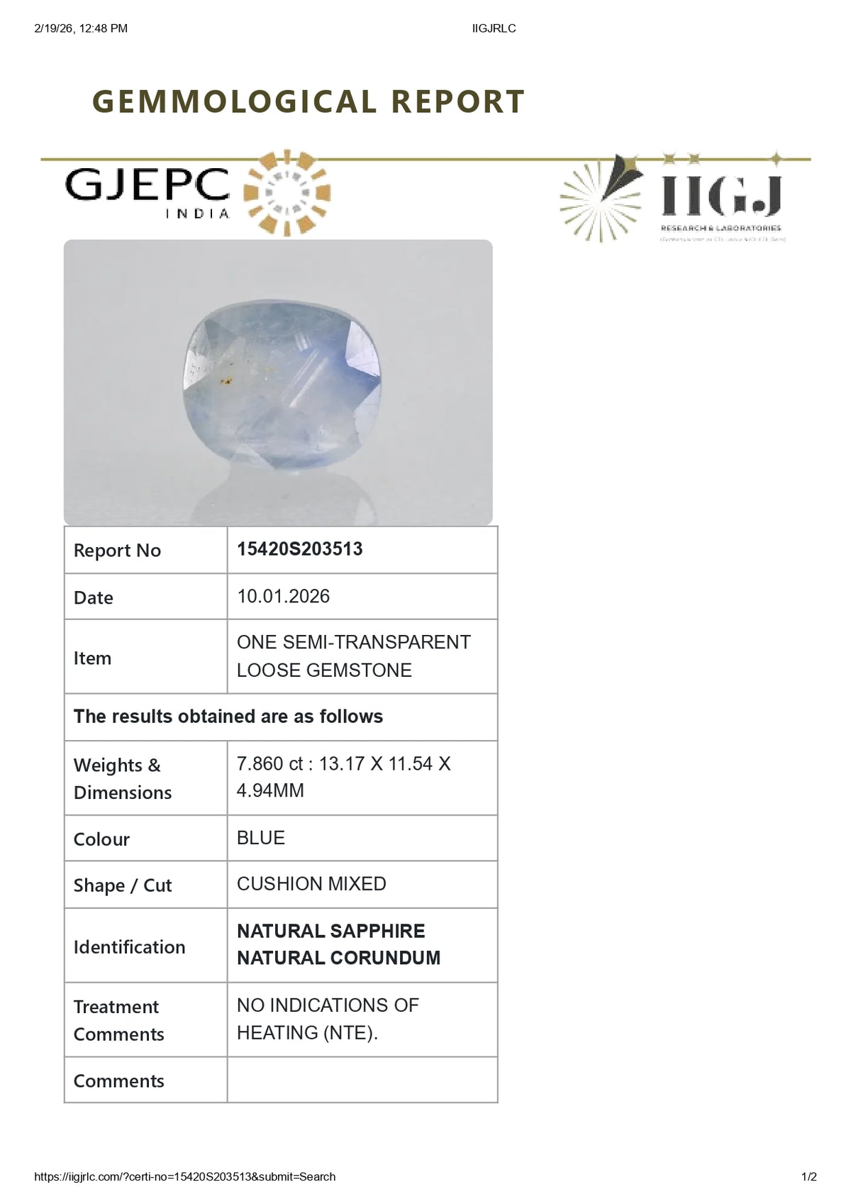 Natural Blue Sapphire 7.86 Carats / 8.64 Ratti