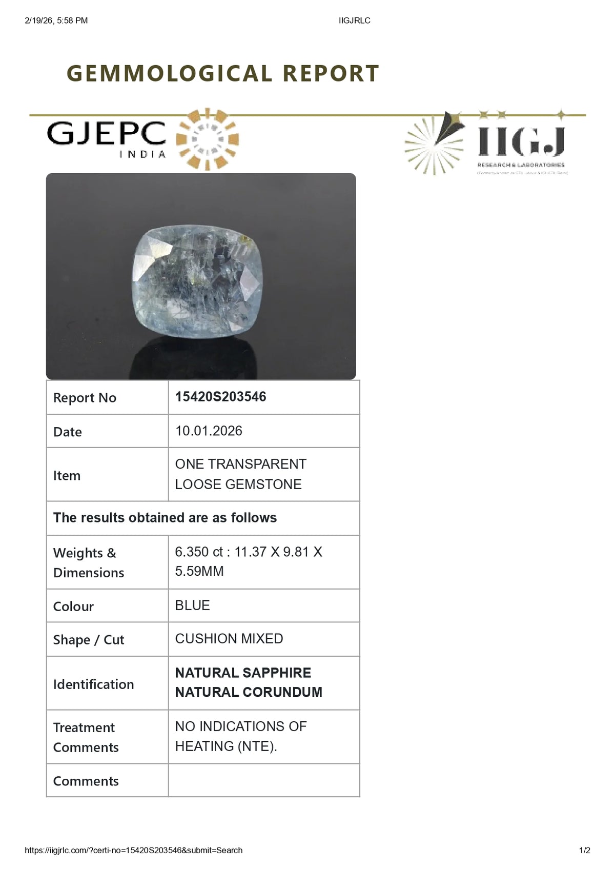 Natural Blue Sapphire 6.35 Carats / 6.98 Ratti