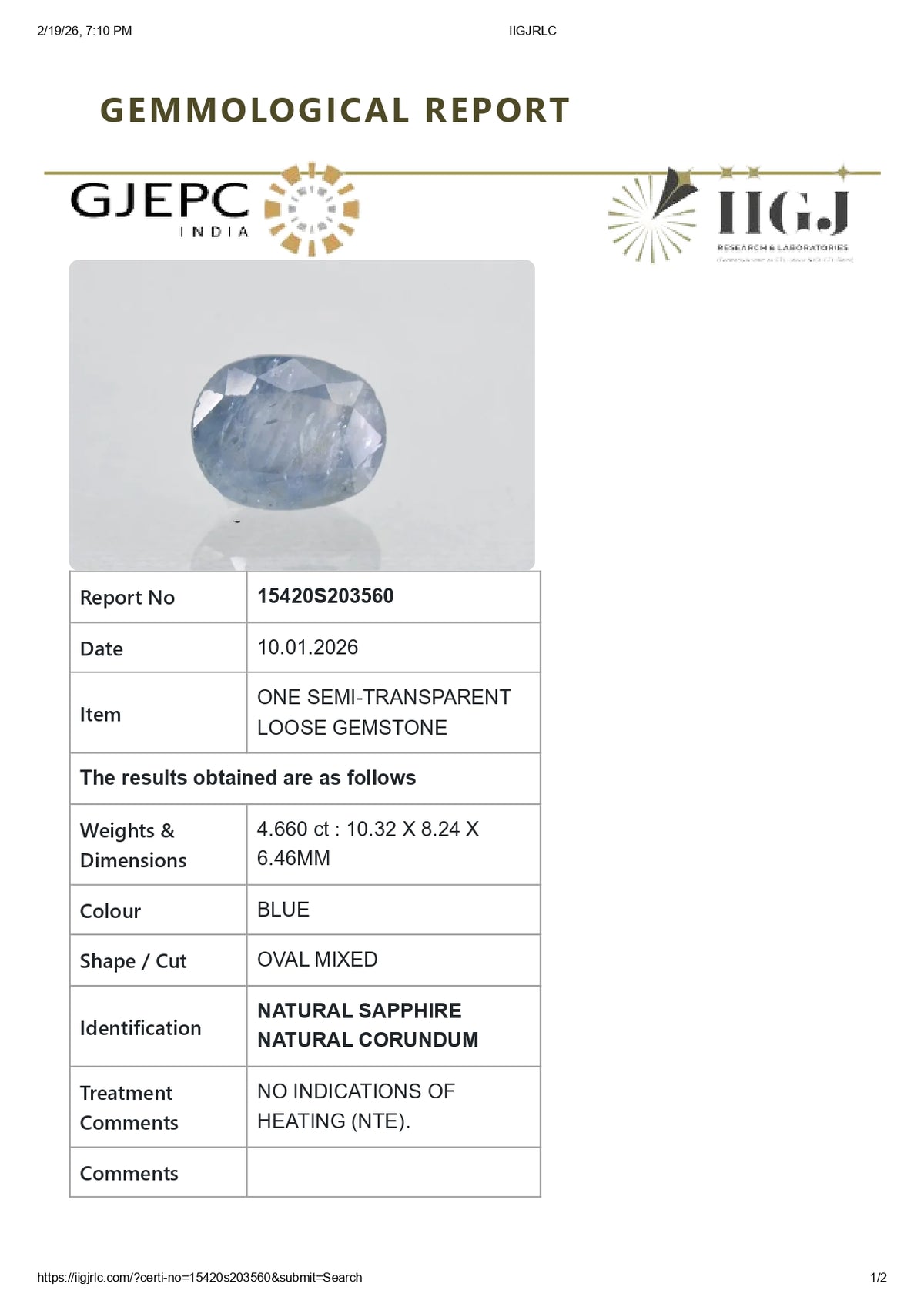 Natural Blue Sapphire 4.66 Carats / 5.12 Ratti