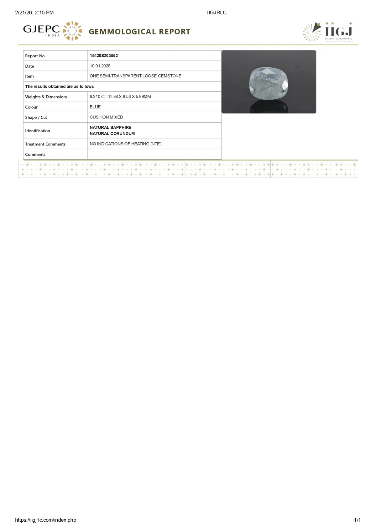 Natural Blue Sapphire 6.21 Carats / 6.82 Ratti