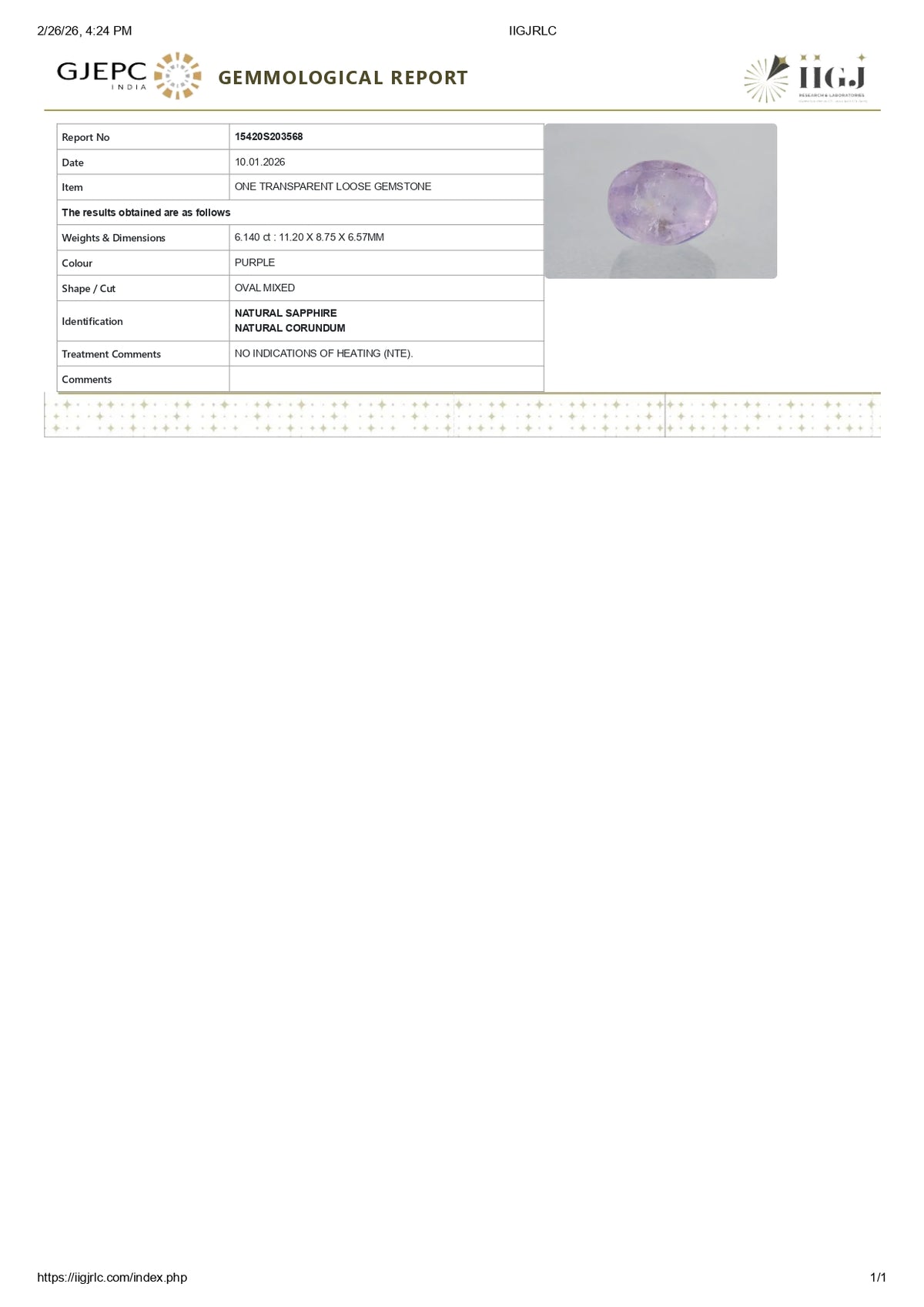 Natural Purple Sapphire 6.14 Carats / 6.75 Ratti