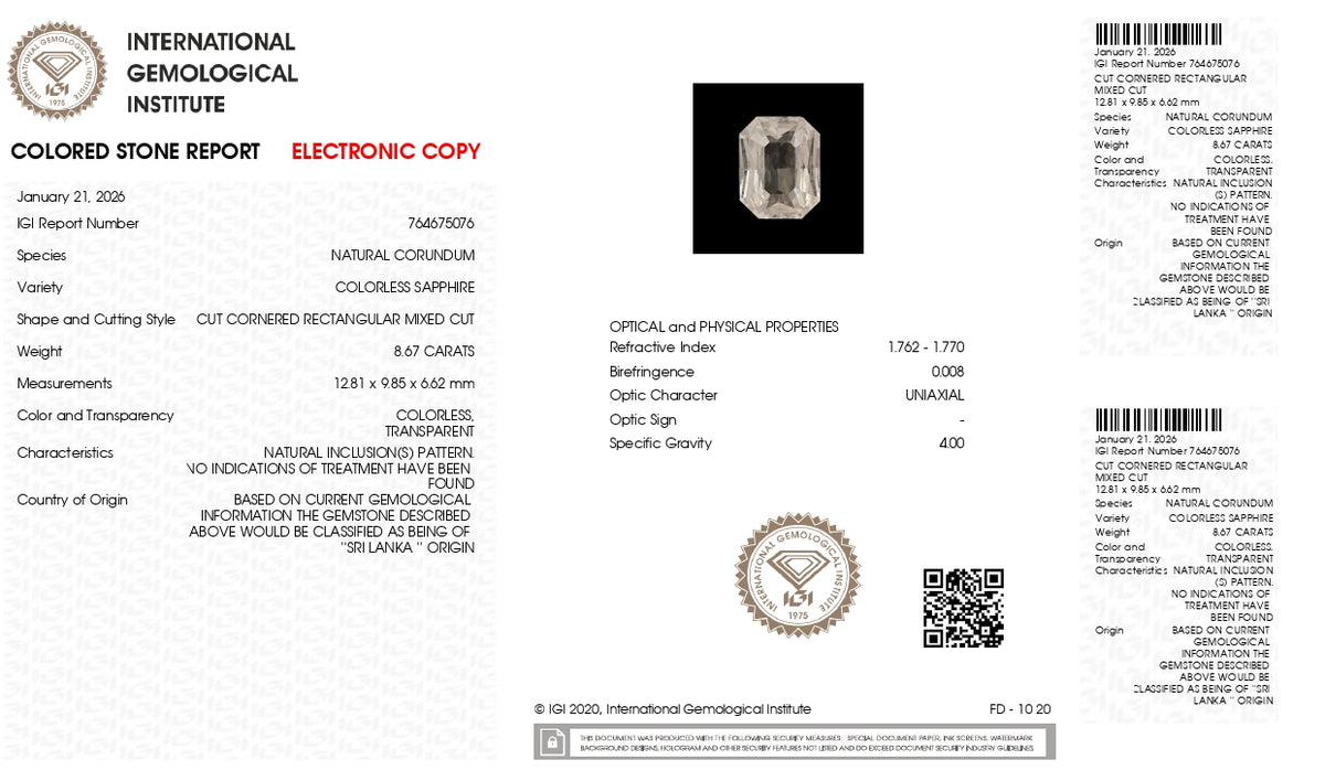 Natural White Sapphire 8.67 Carats / 9.53 Ratti