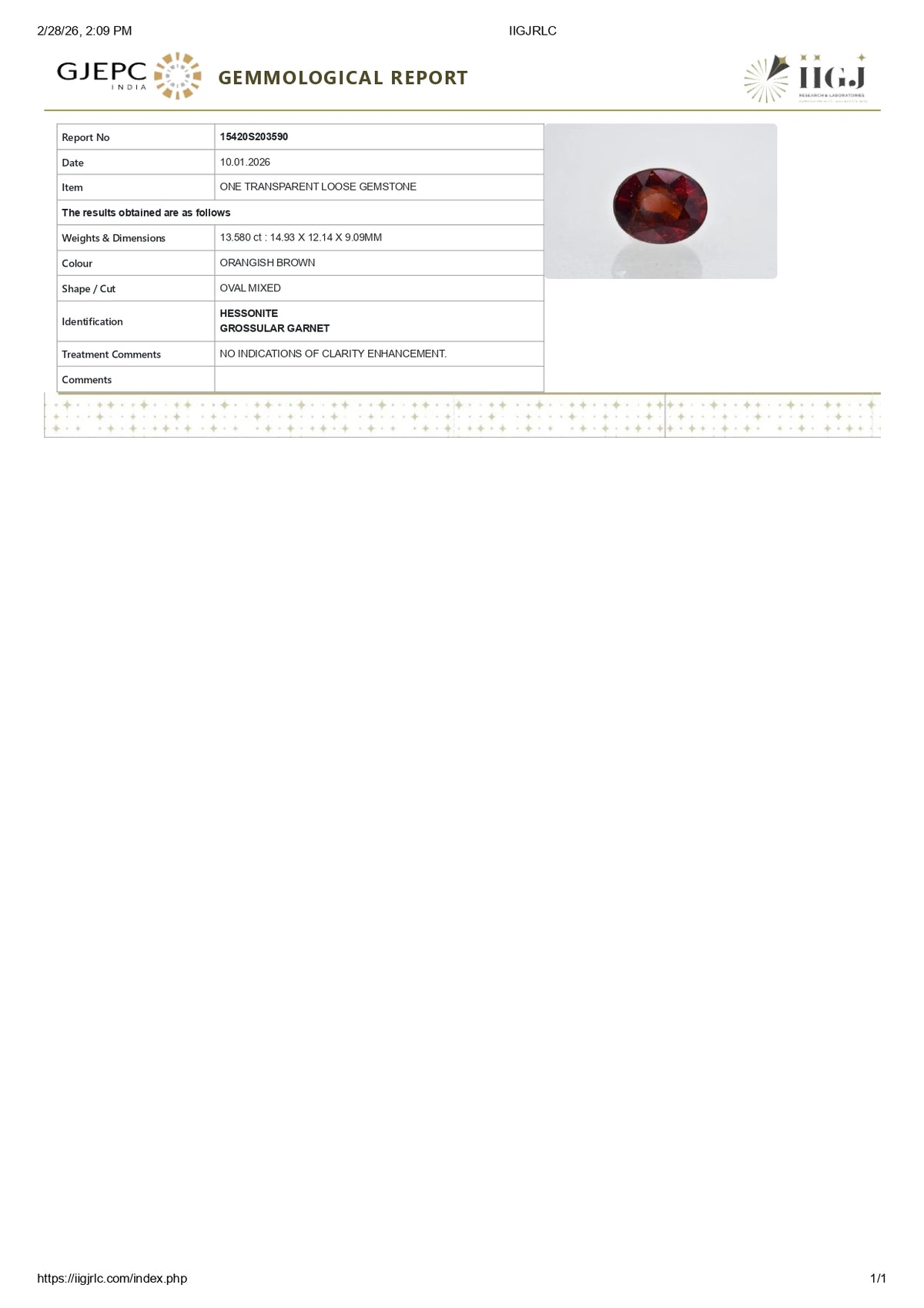 Sri-Lankan Hessonite (Gomed) 13.58 Carats / 14.92 Ratti