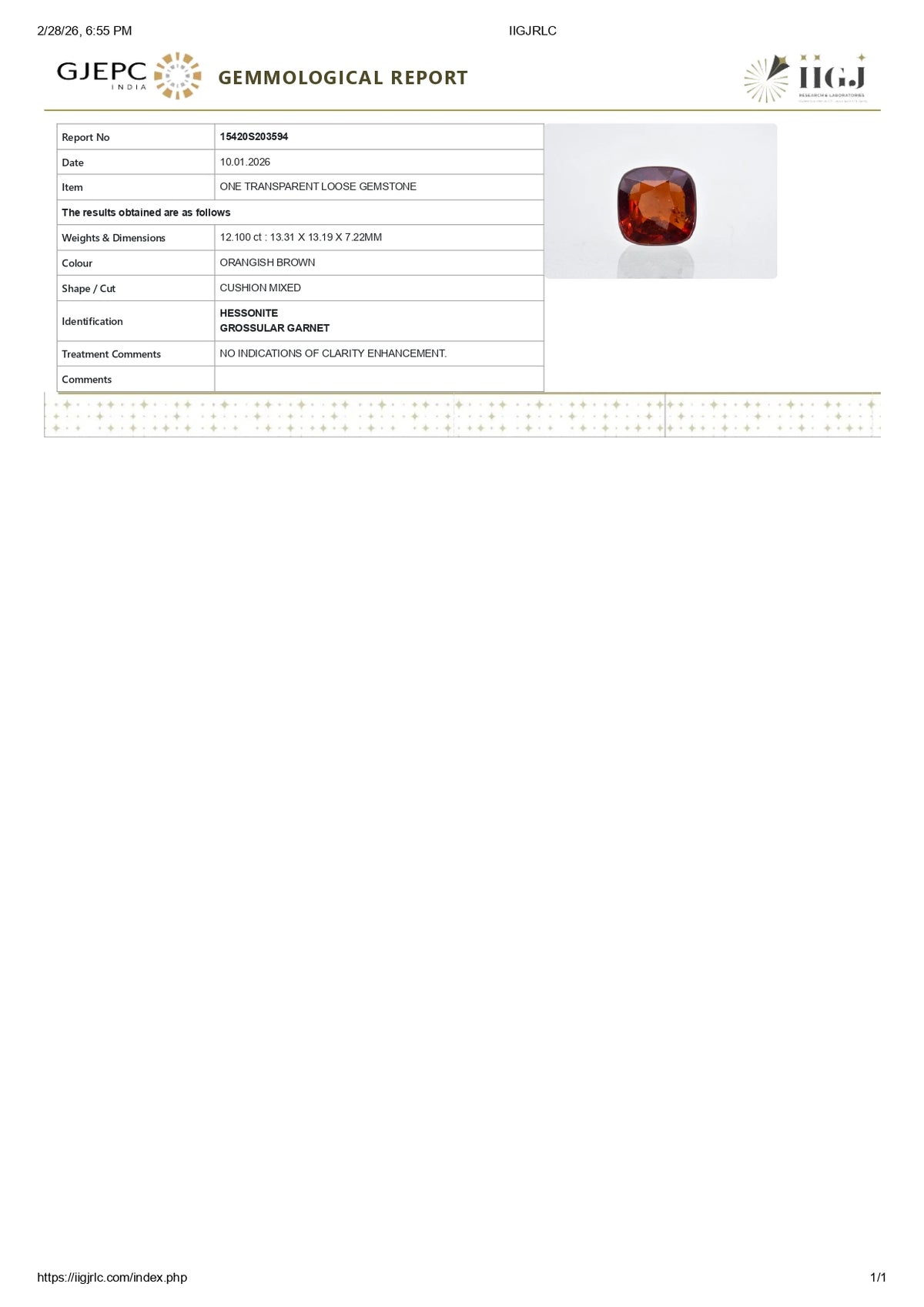 Sri-Lankan Hessonite (Gomed) 12.10 Carats / 13.3 Ratti