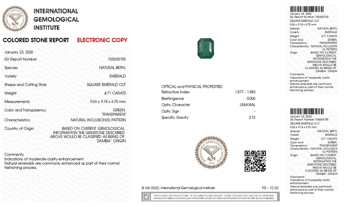 Zambian Emerald (Panna) 4.71 Carats / 5.18 Ratti