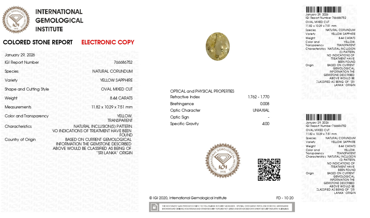 Natural Yellow Sapphire 8.44 Carats / 9.27 Ratti