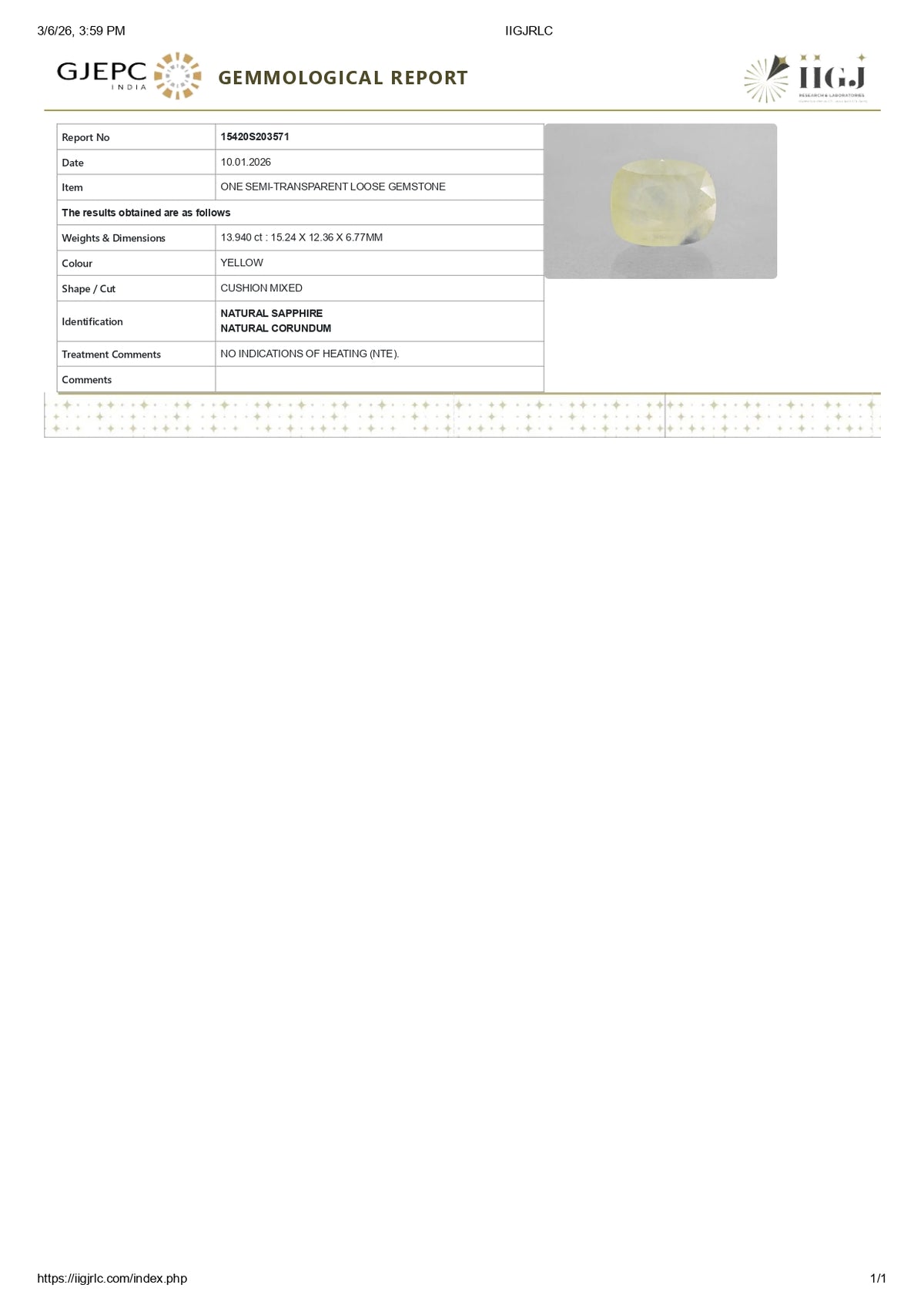 Natural Yellow Sapphire 13.94 Carats / 15.32 Ratti