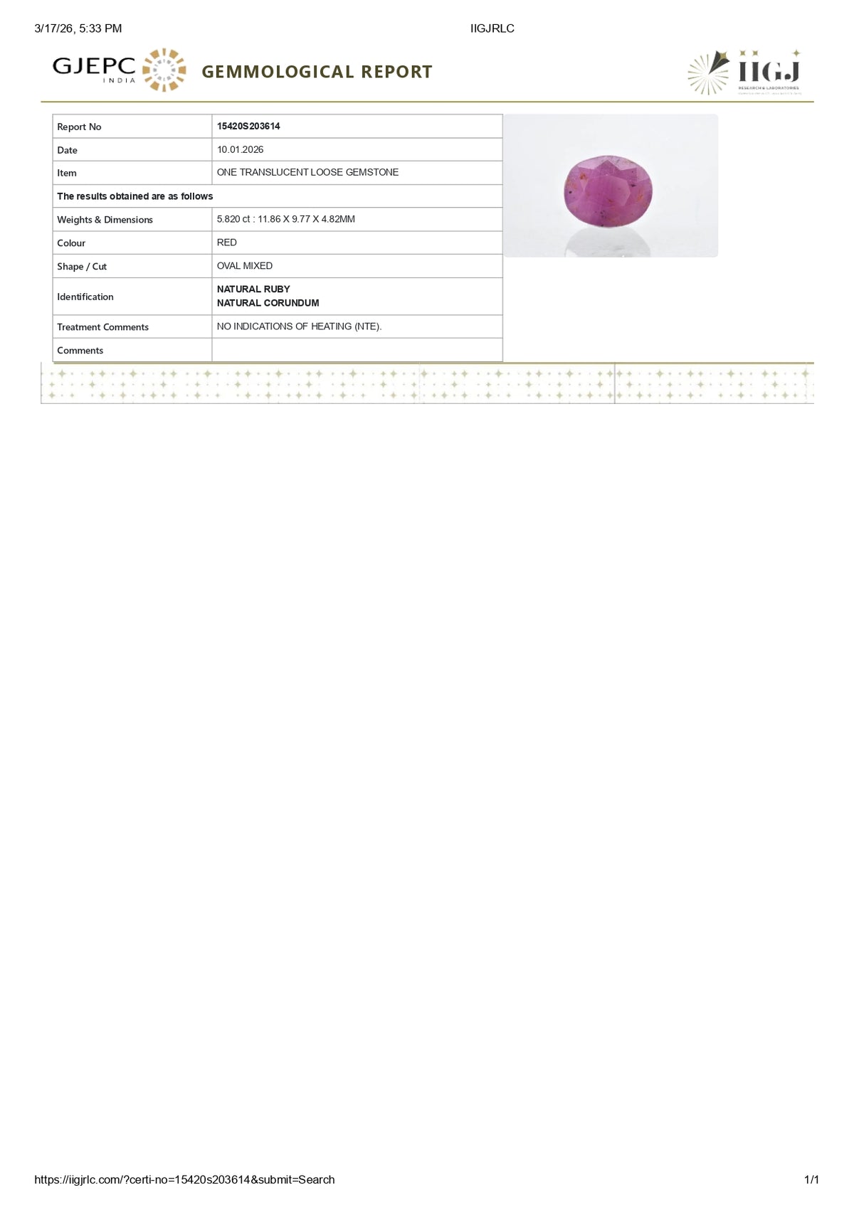 African Ruby (Manik) 5.82 Carats / 6.4 Ratti