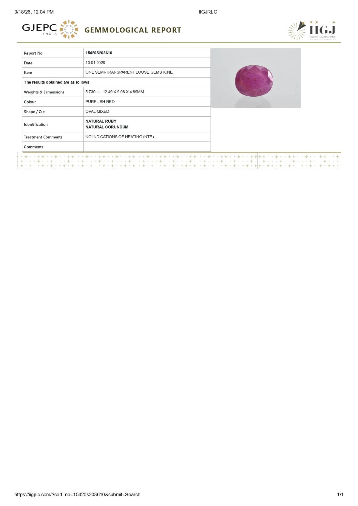 African Ruby (Manik) 5.73 Carats / 6.3 Ratti