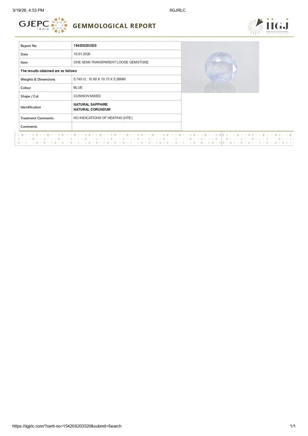 Natural Blue Sapphire 5.74 Carats / 6.31 Ratti