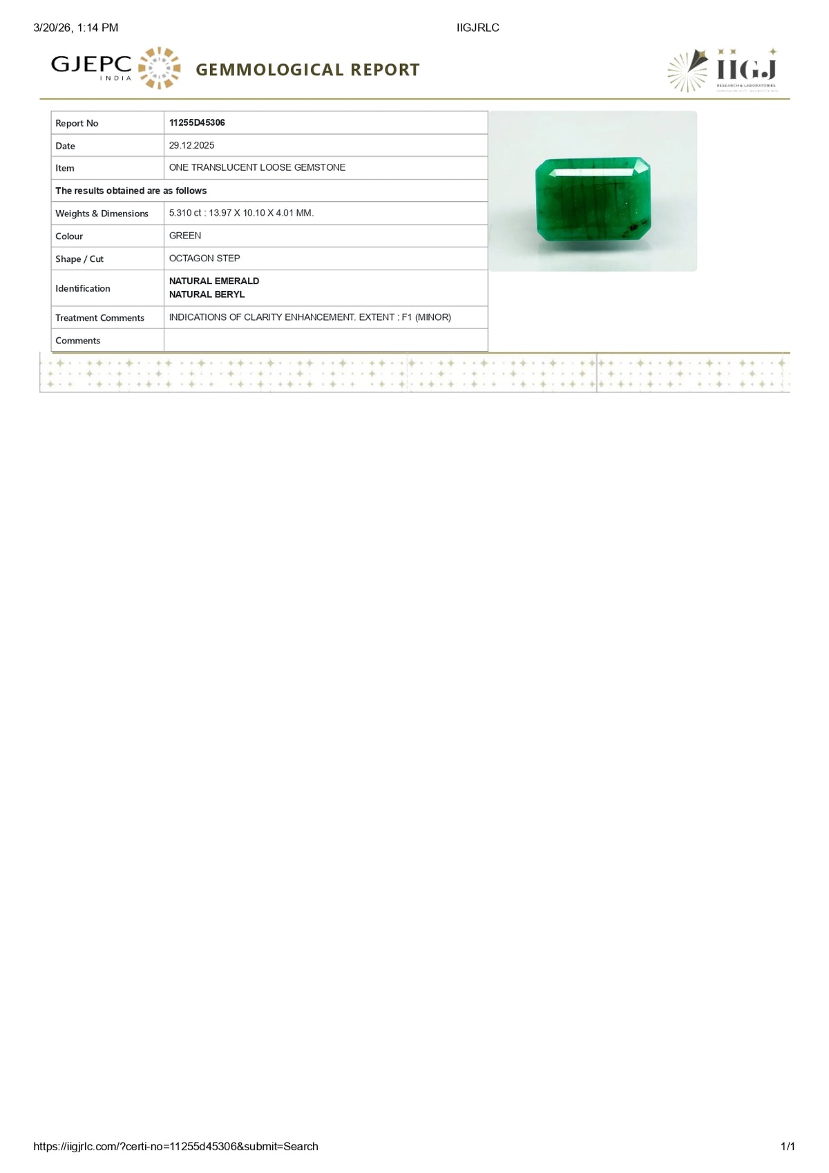 Zambian Emerald (Panna) 5.31 Carats / 5.84 Ratti