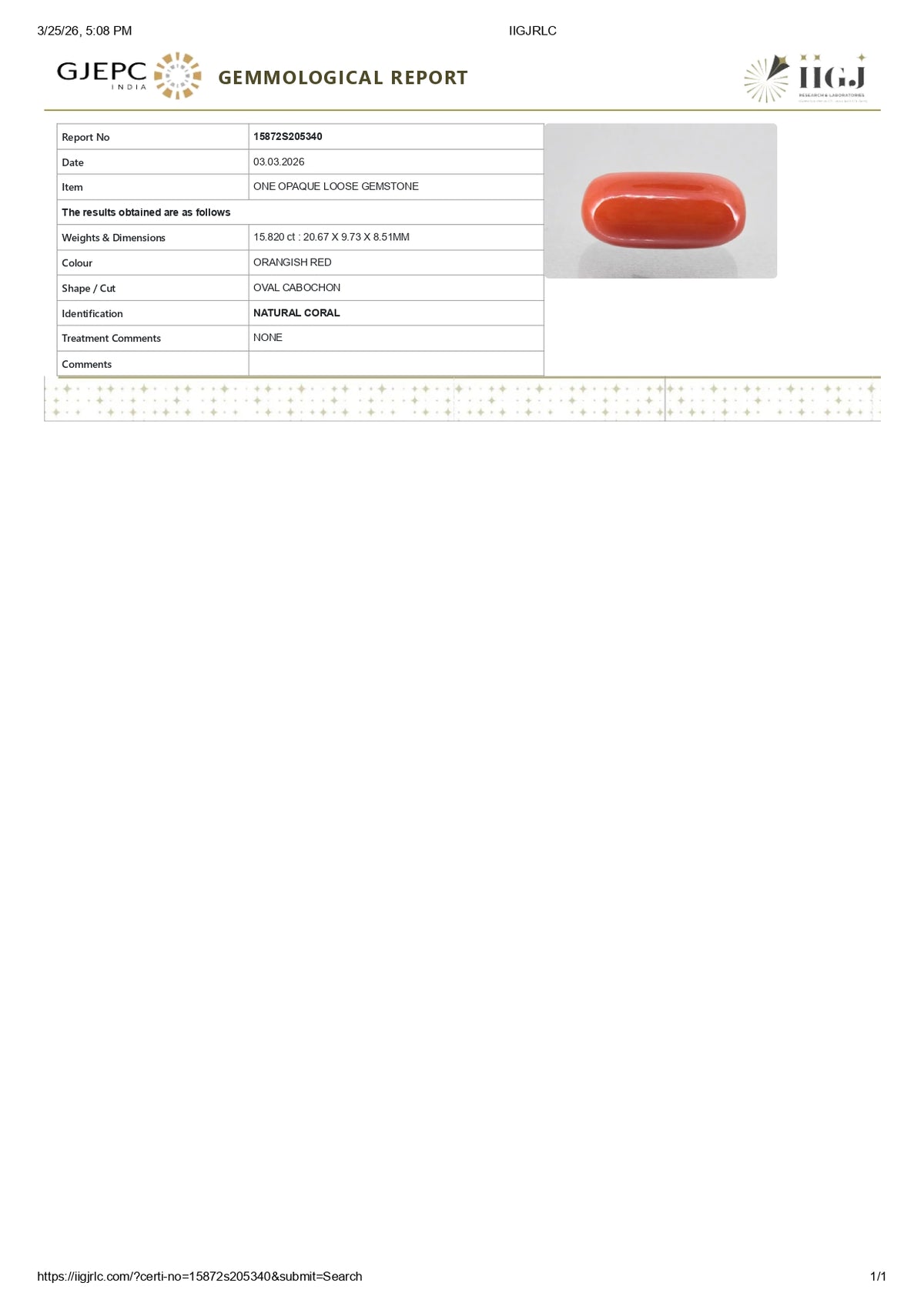 Italian Red Coral 15.82 Carats / 17.38 Ratti