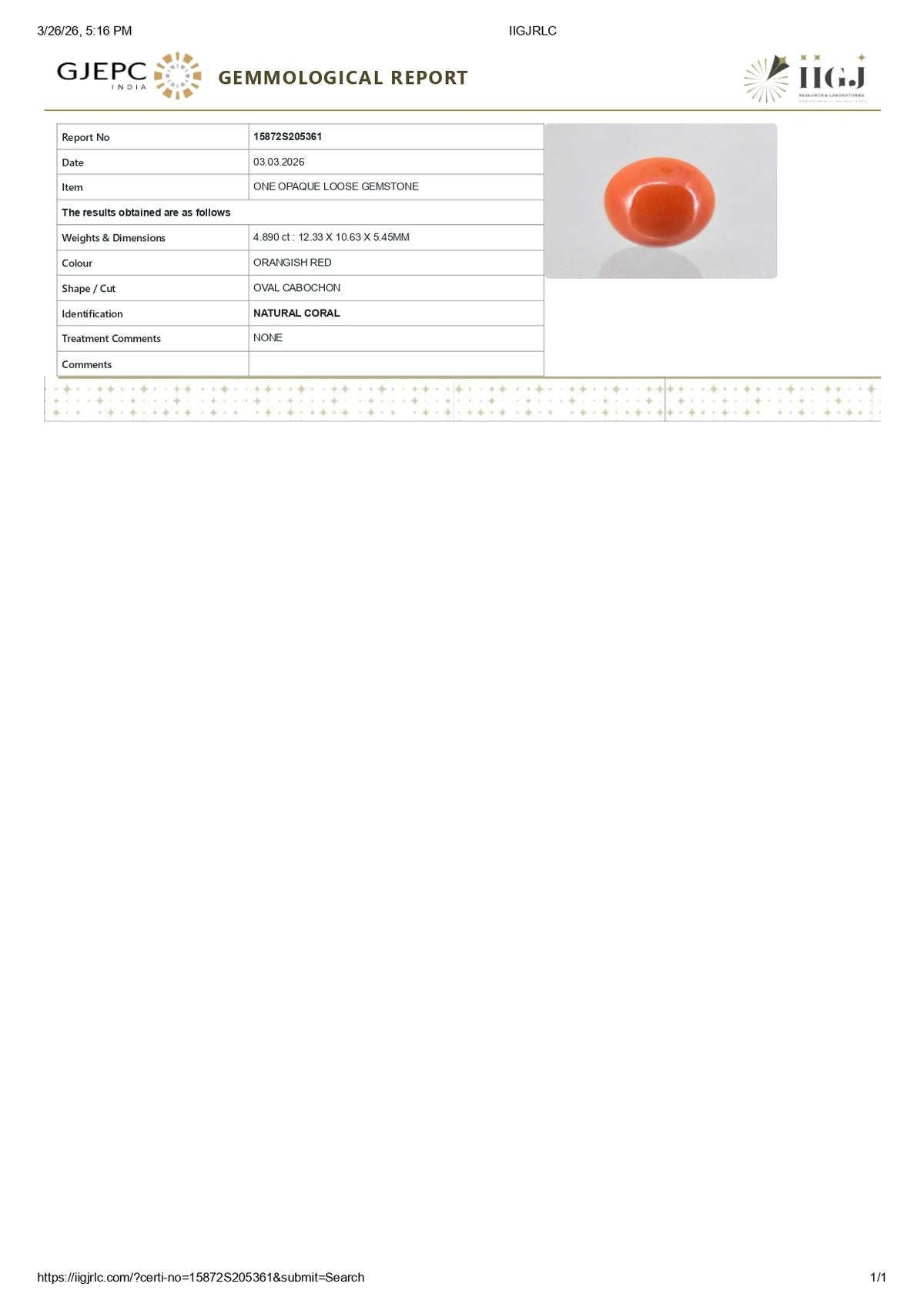 Japanese Red Coral 4.89 Carats / 5.37 Ratti
