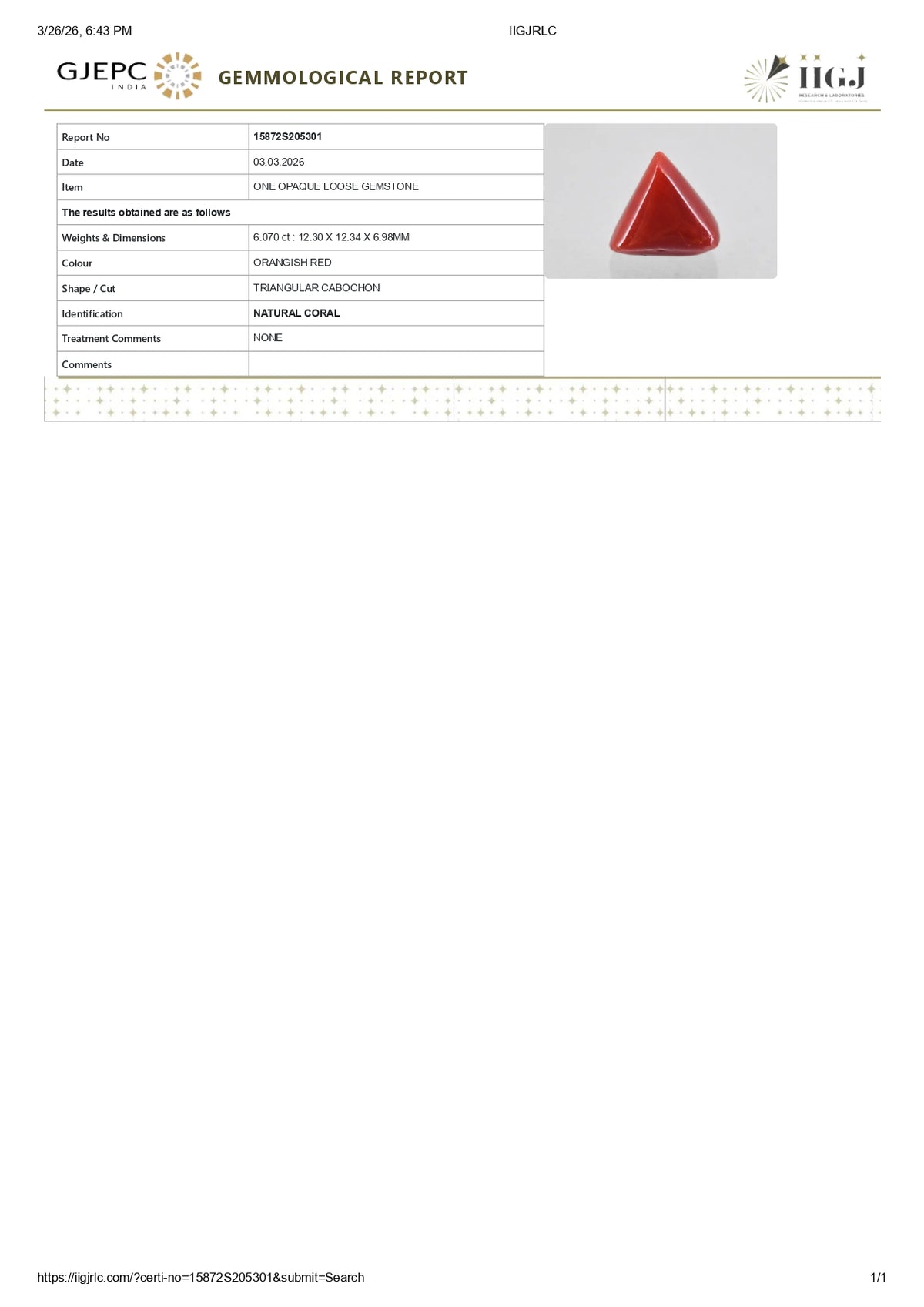 Italian Red Coral 6.07 Carats / 6.67 Ratti