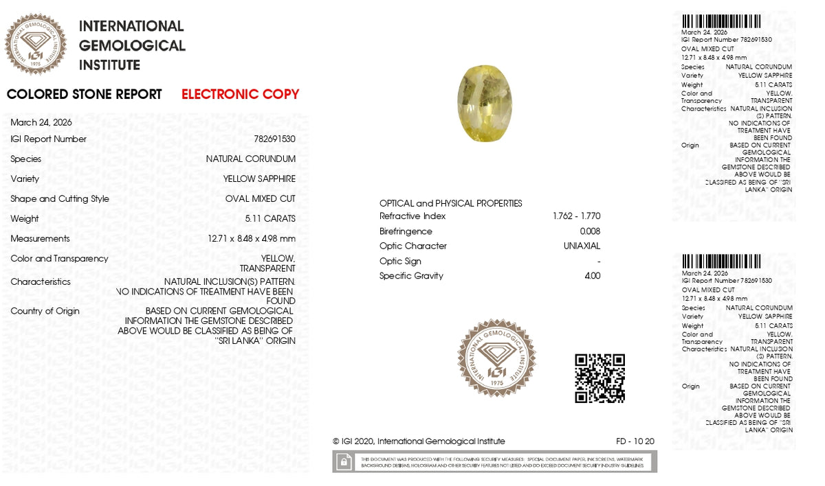 Natural Yellow Sapphire 5.11 Carats / 5.62 Ratti