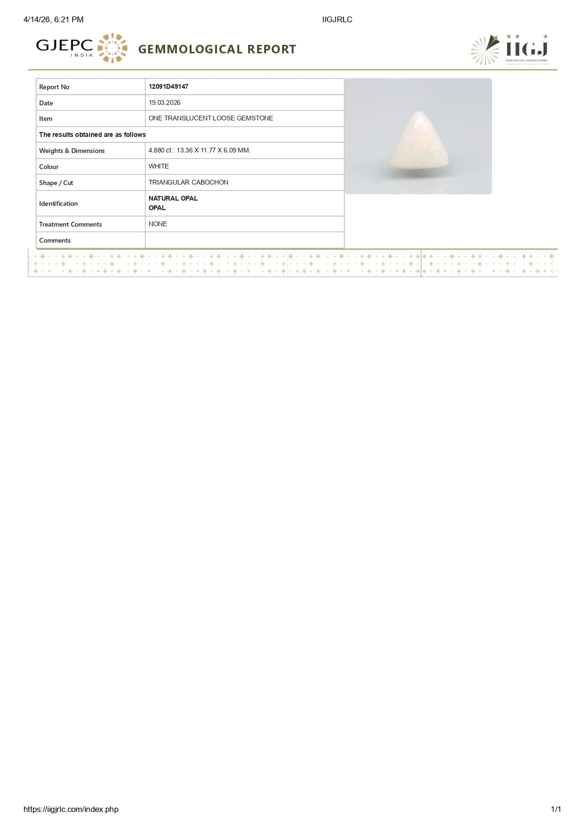 White Opal With Fire 4.88 Carats / 5.36 Ratti