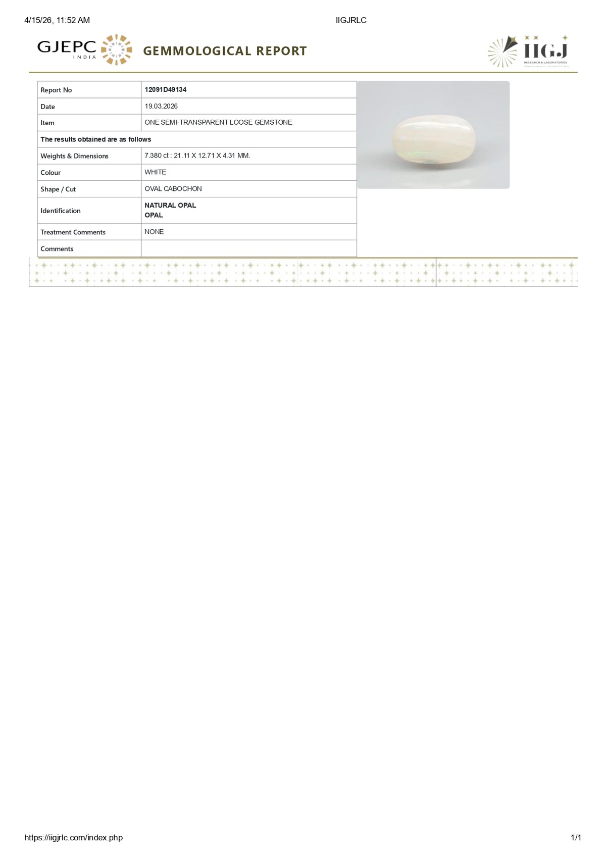 White Opal With Fire 7.38 Carats / 8.11 Ratti