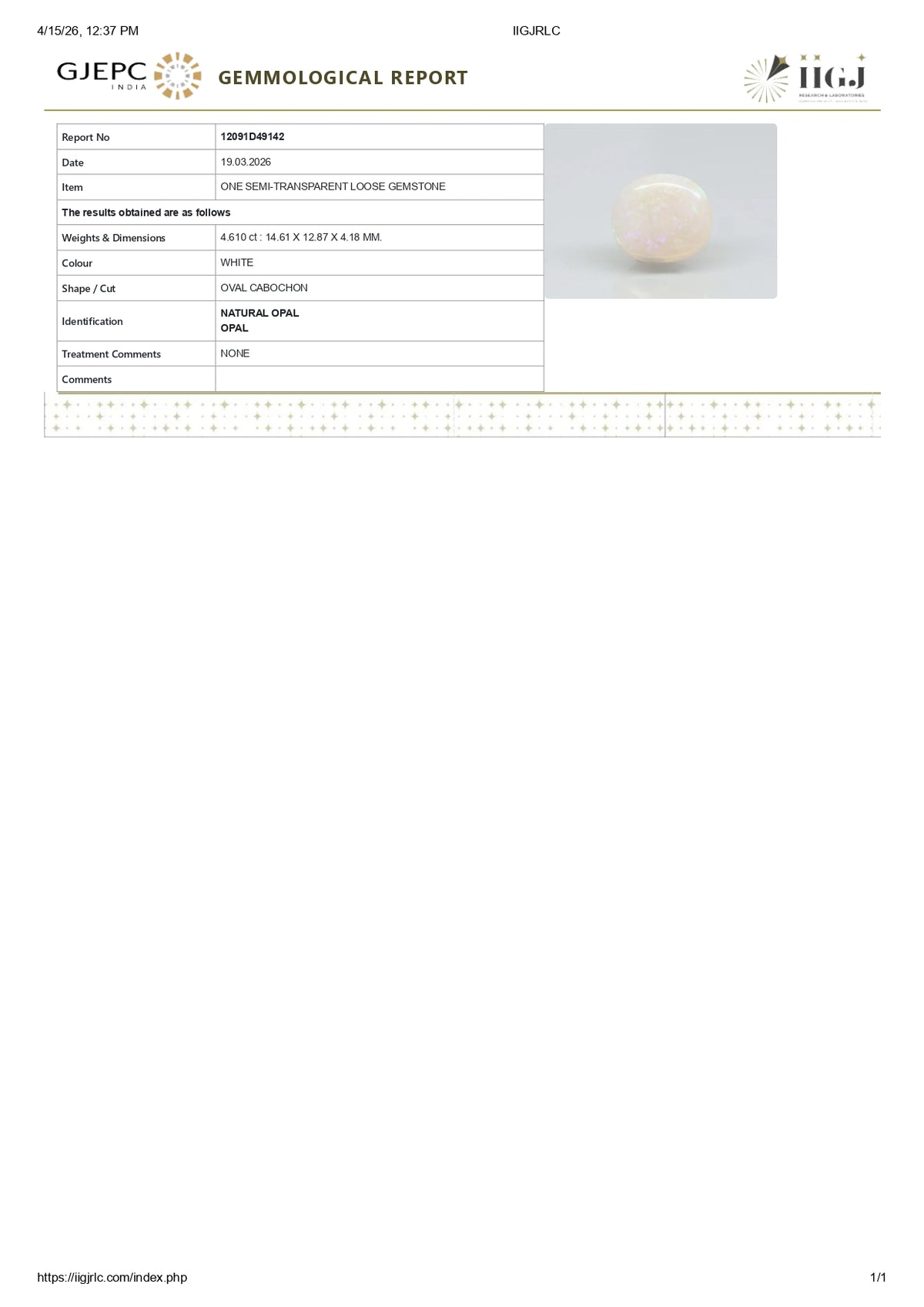 White Opal With Fire 4.61 Carats / 5.07 Ratti