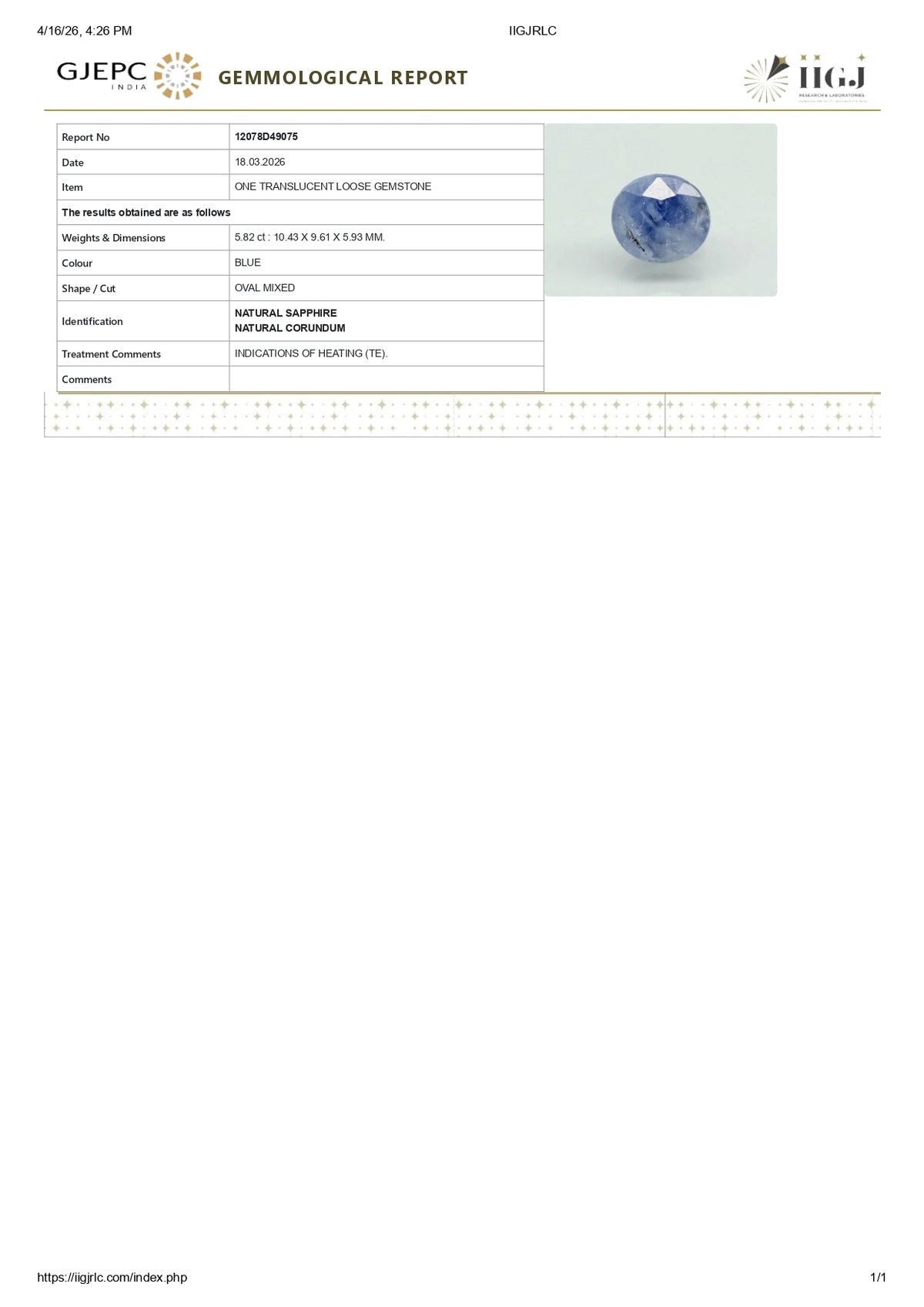 Natural Blue Sapphire 5.82 Carats / 6.4 Ratti
