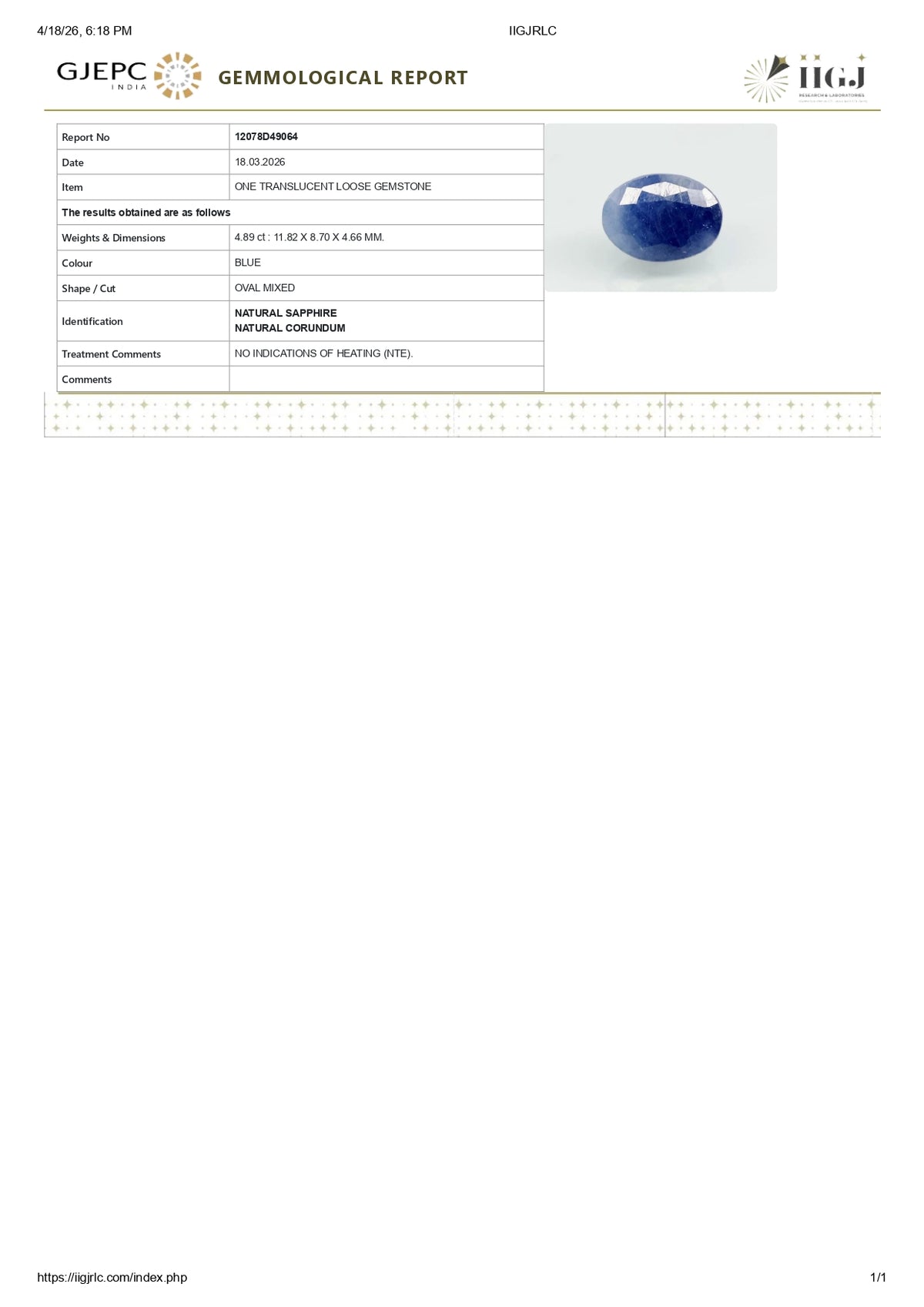 Natural Blue Sapphire 4.89 Carats / 5.36 Ratti