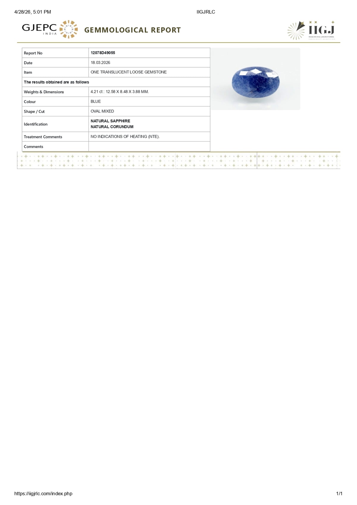Natural Blue Sapphire 4.21 Carats / 4.63 Ratti