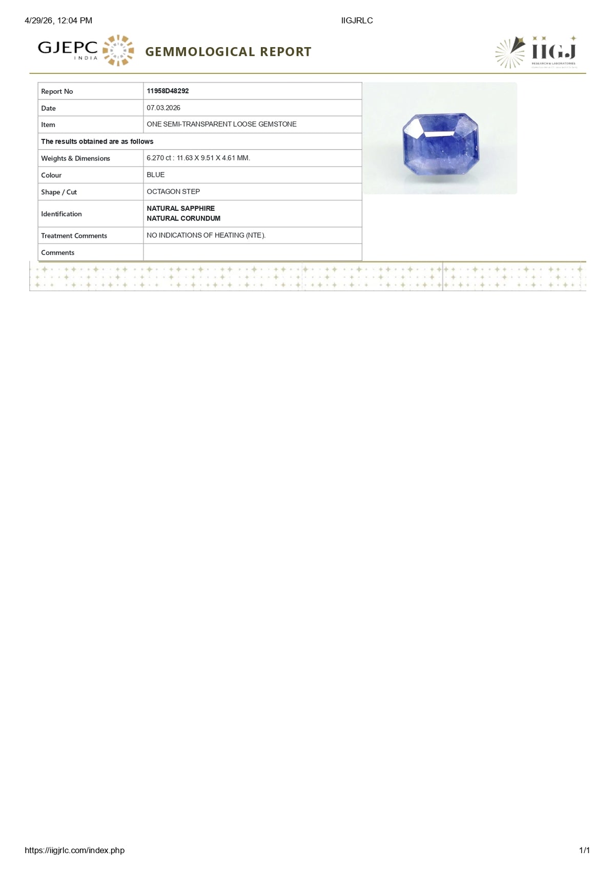 Natural Blue Sapphire 6.27 Carats / 6.89 Ratti