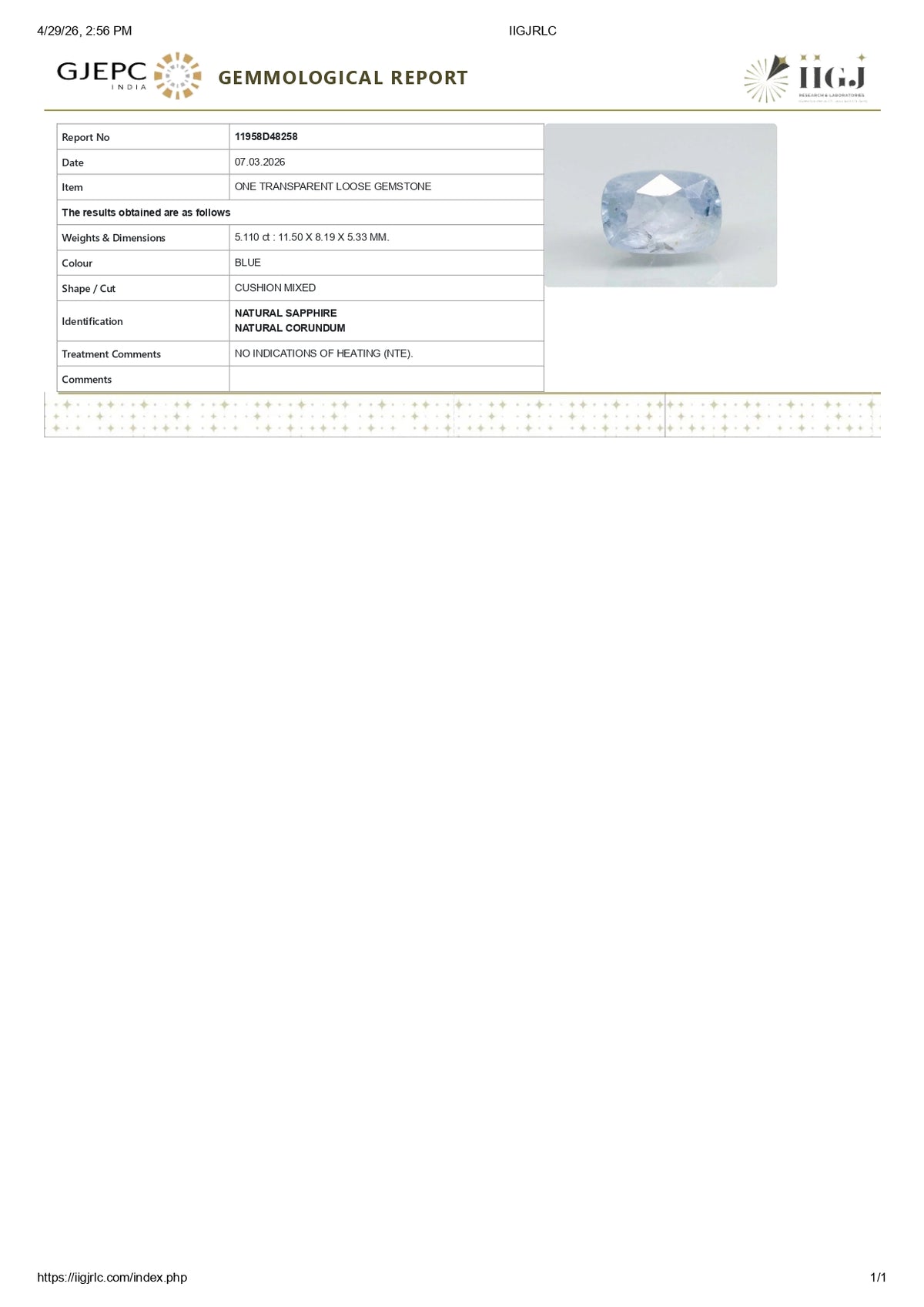 Natural Blue Sapphire 5.11 Carats / 5.62 Ratti