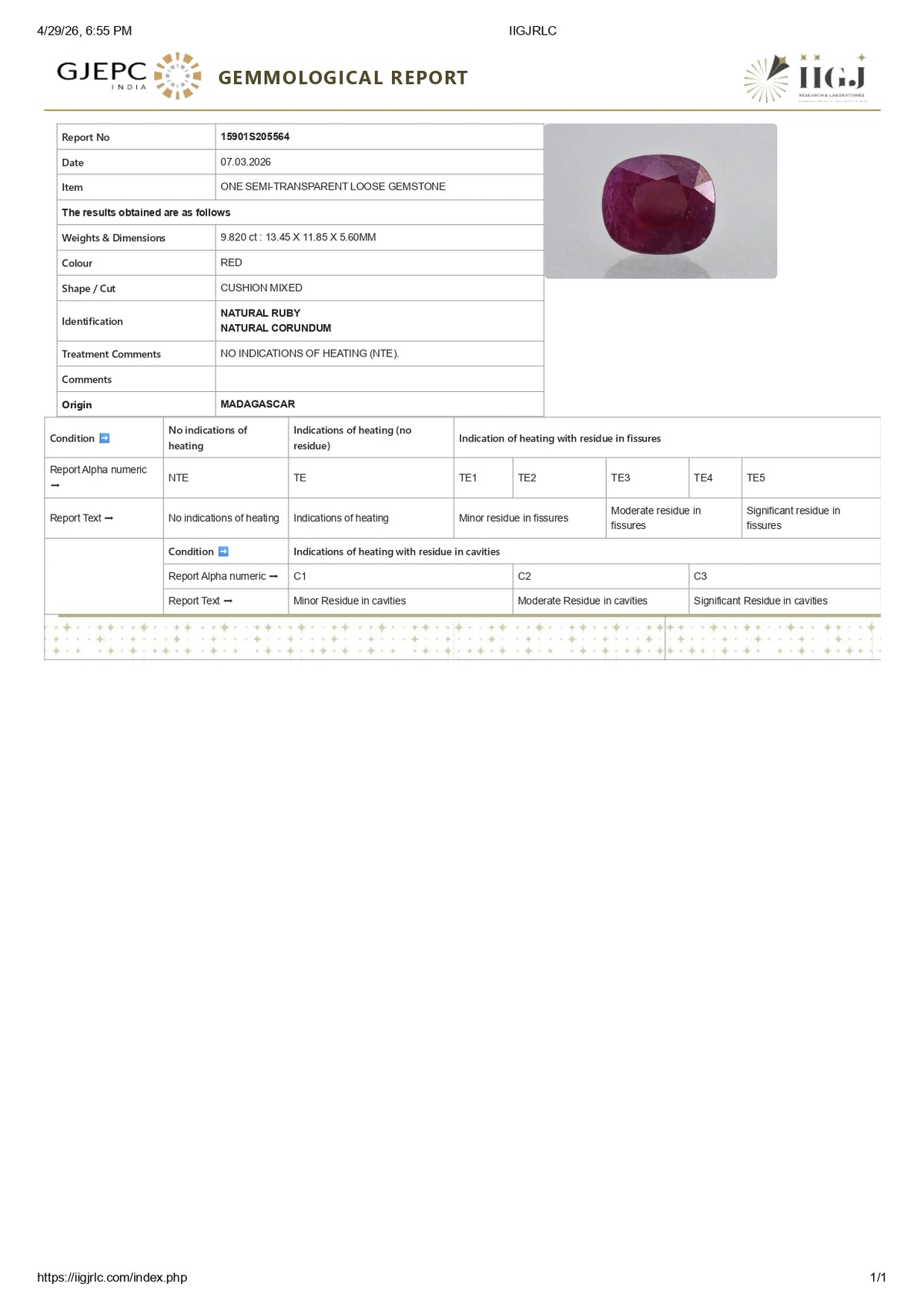 Madagascar Ruby (Manik) 9.82 Carats / 10.79 Ratti