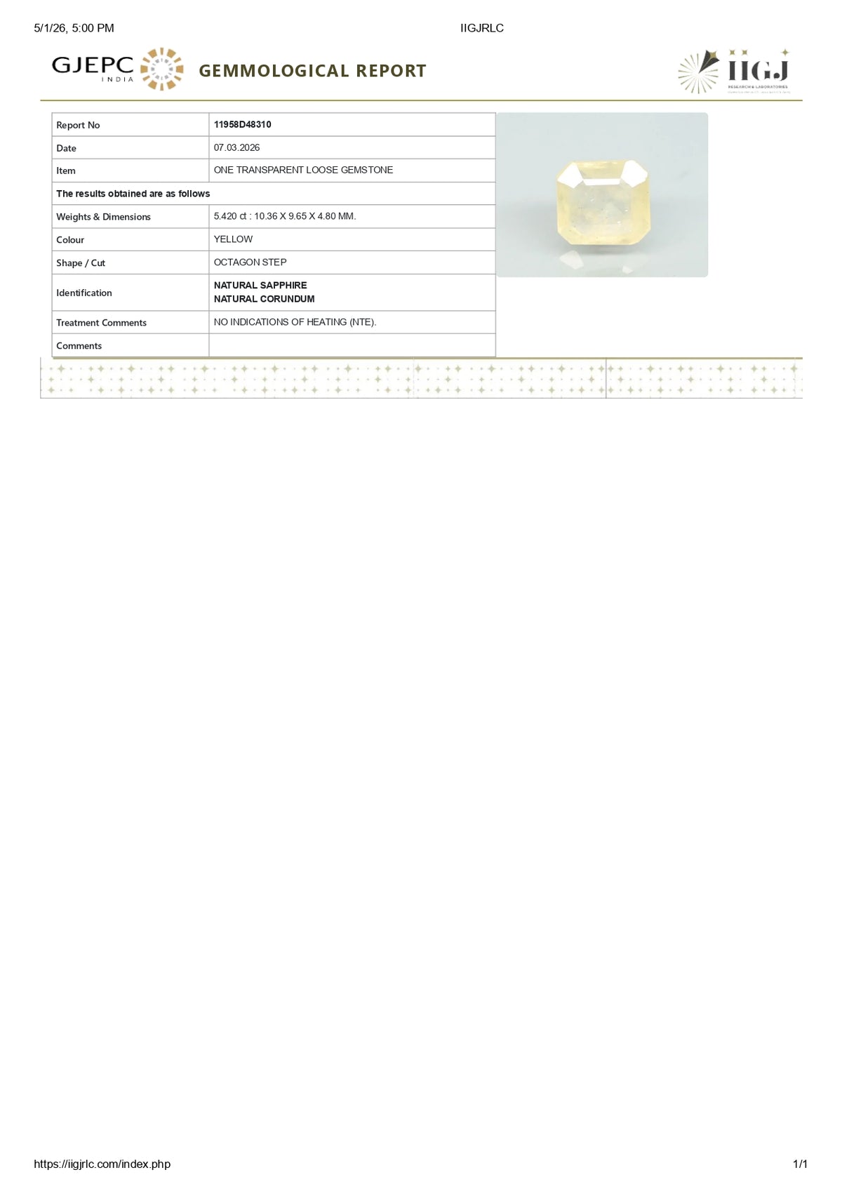 Natural Yellow Sapphire 5.42 Carats / 5.96 Ratti
