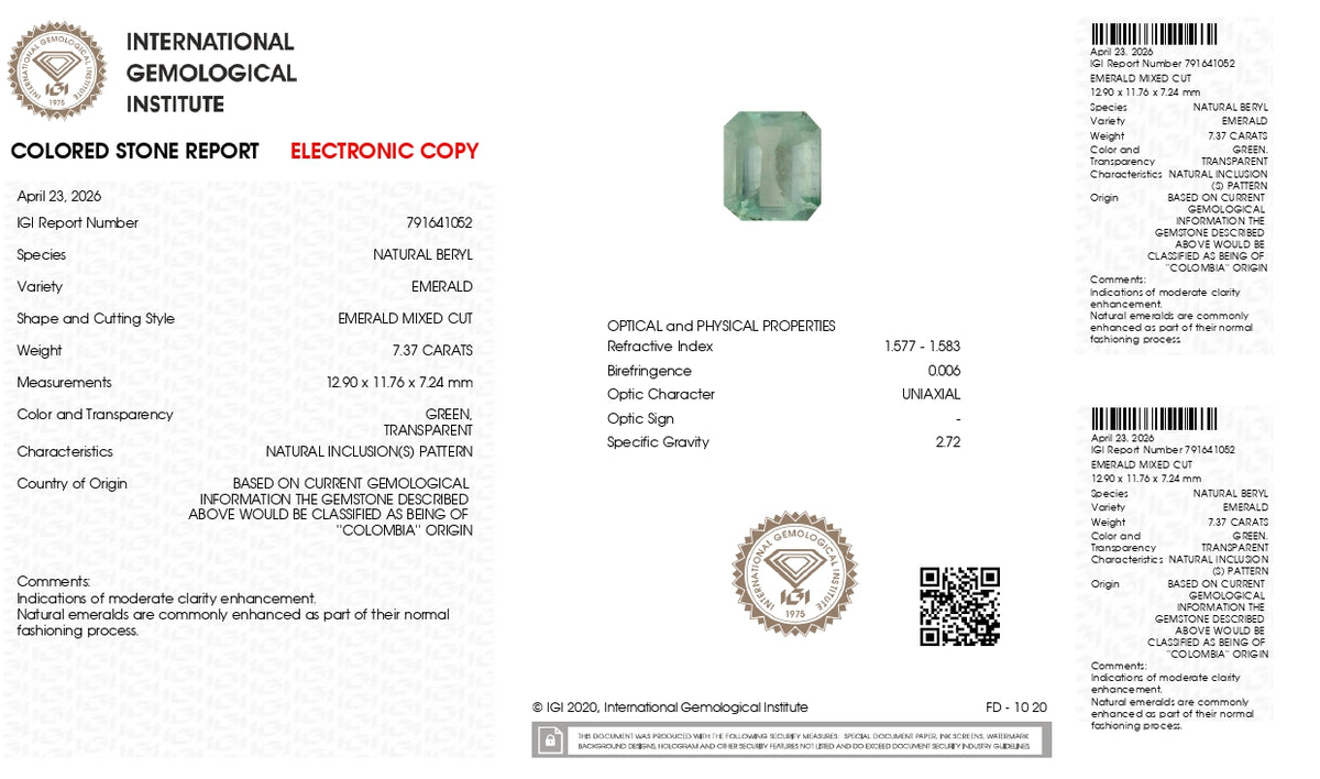 Columbian Emerald (Panna) 7.37 Carats / 8.1 Ratti