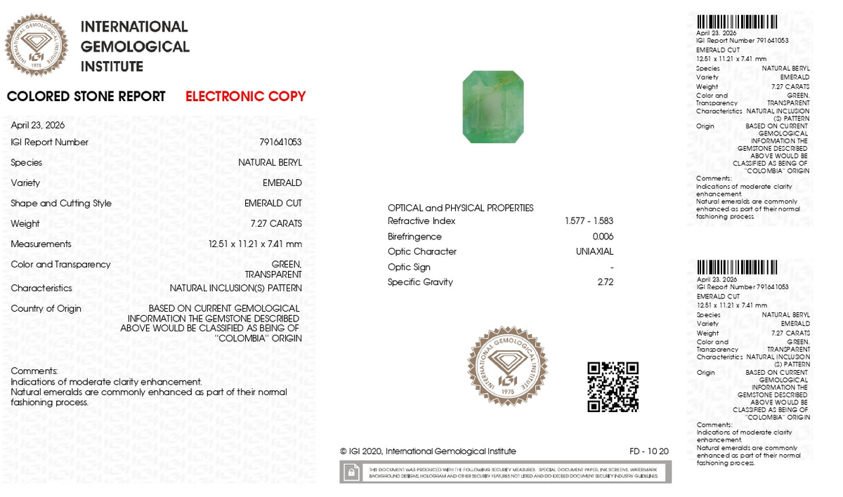 Columbian Emerald (Panna) 7.27 Carats / 7 Ratti