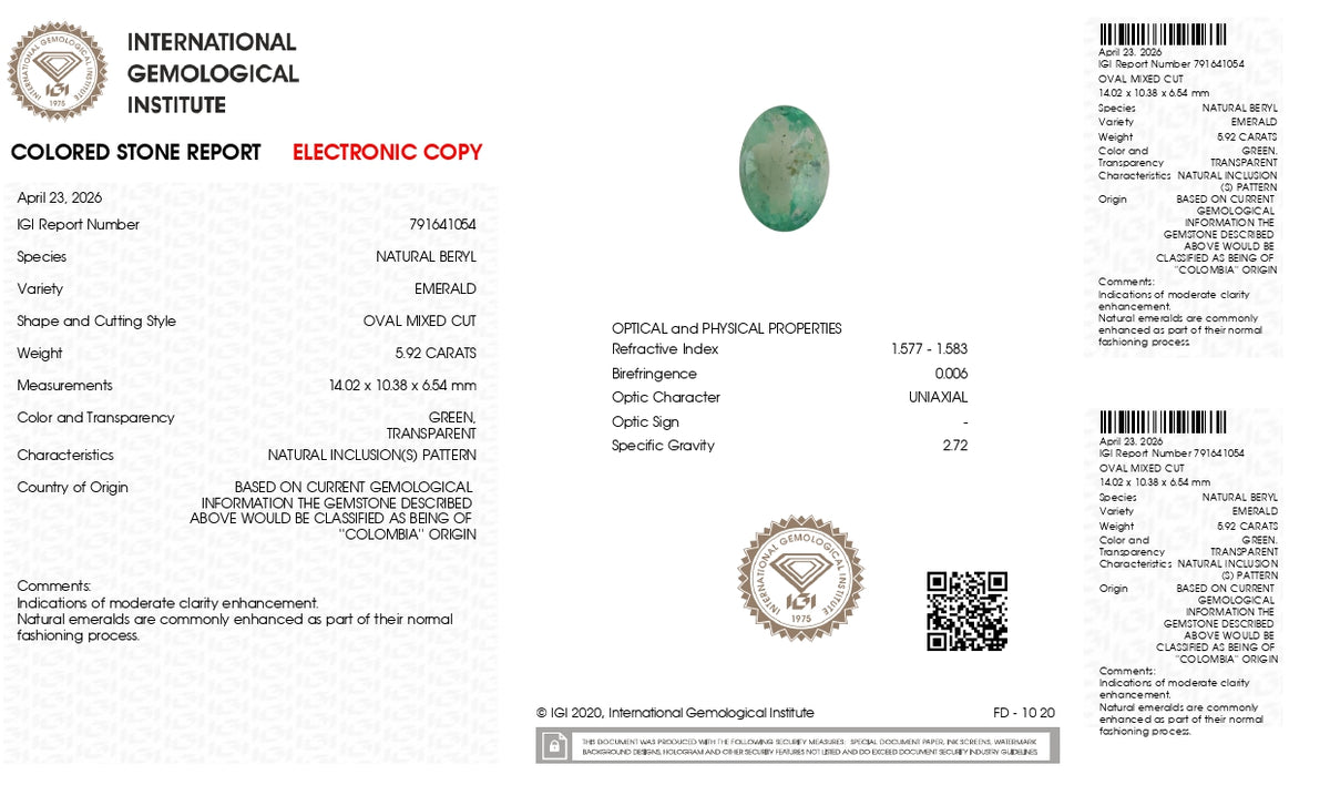 Columbian Emerald (Panna) 5.92 Carats / 6.51 Ratti