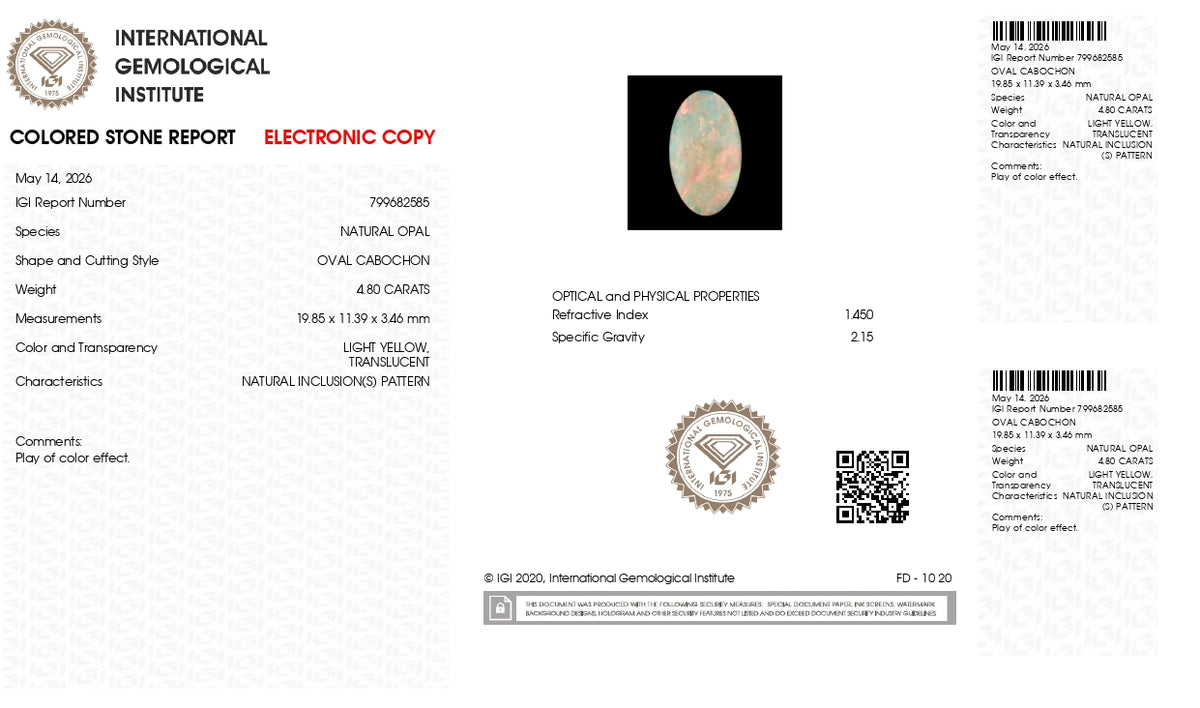 White Opal With Fire 4.80 Carats / 5.27 Ratti