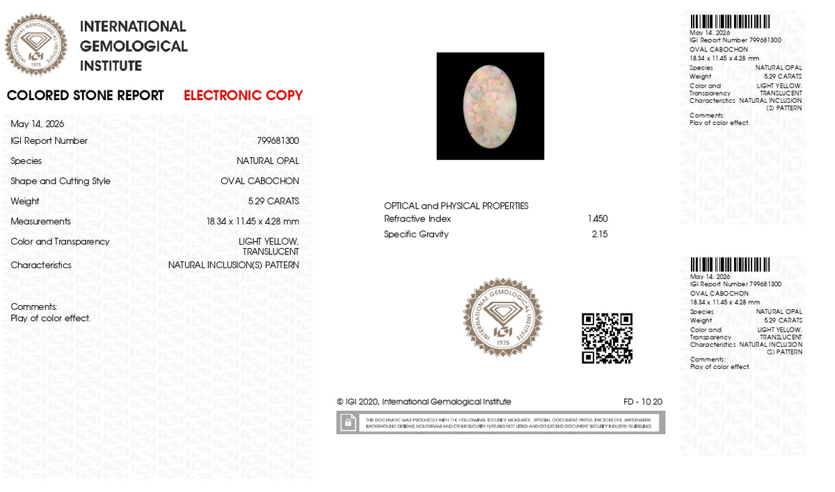 White Opal With Fire 5.29 Carats / 5.81 Ratti