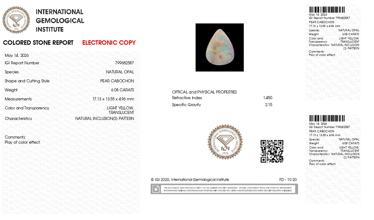 White Opal With Fire 6.08 Carats / 6.68 Ratti