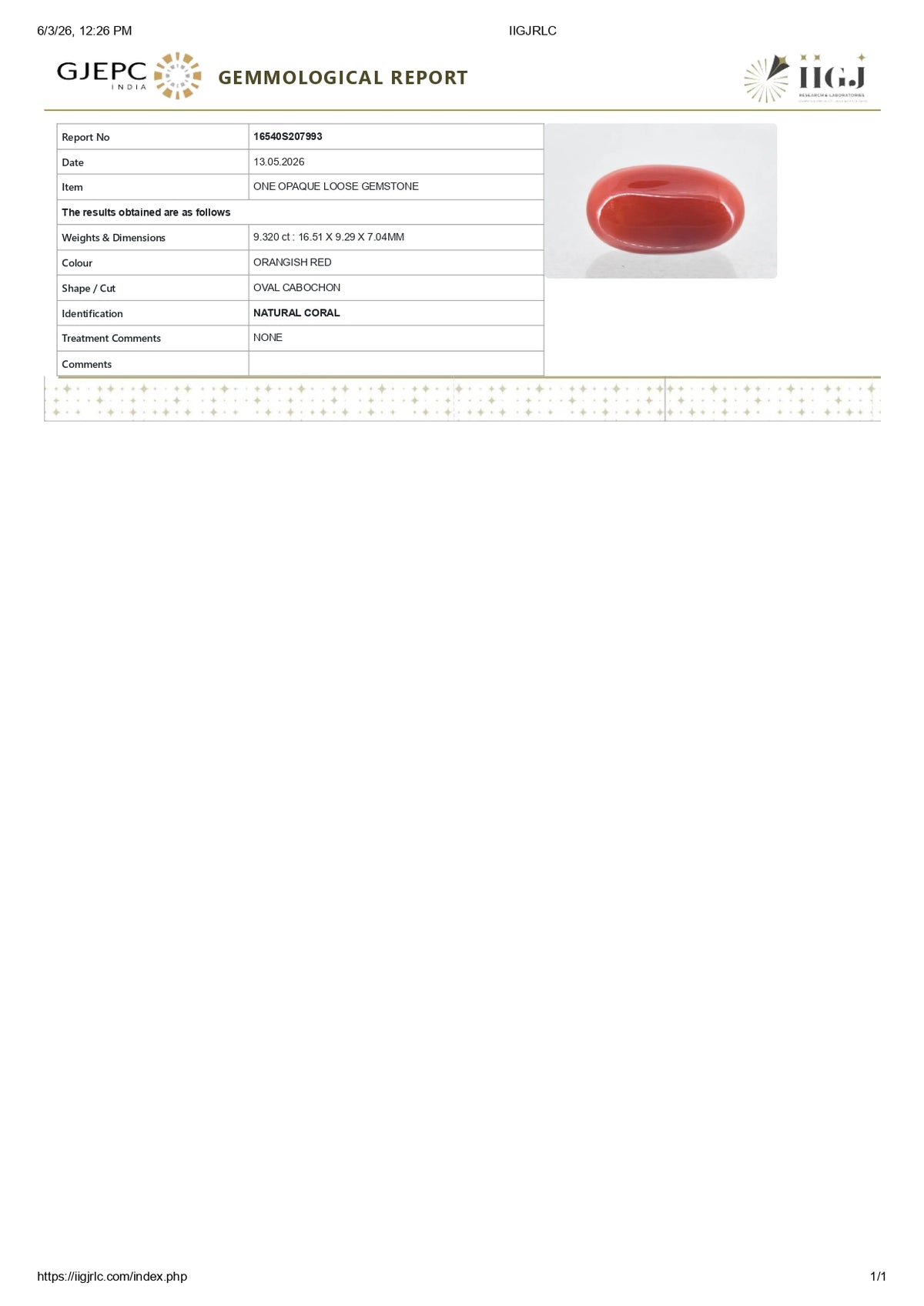 Italian Red Coral 9.32 Carats / 10.24 Ratti