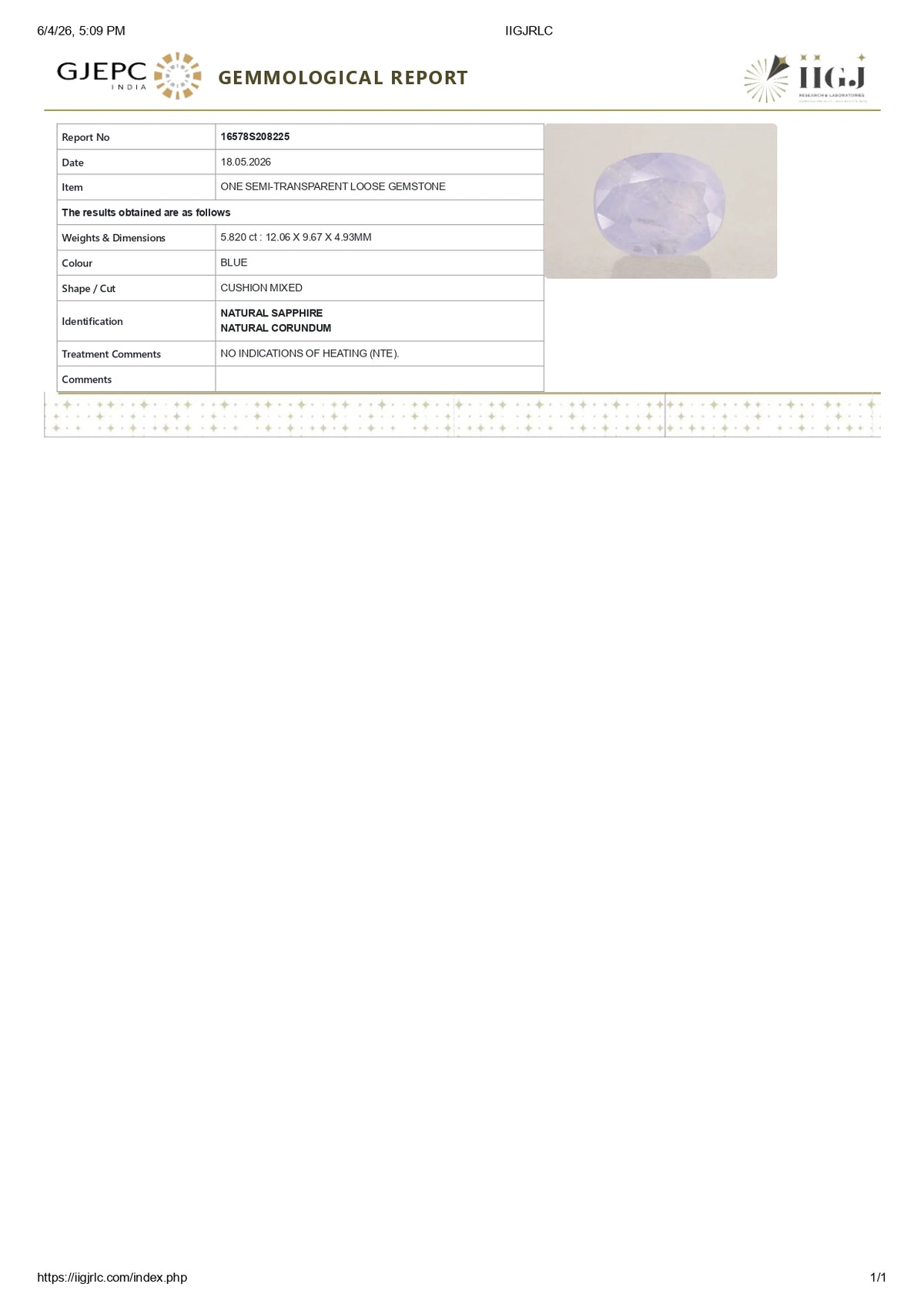 Natural Blue Sapphire 5.82 Carats / 6.4 Ratti