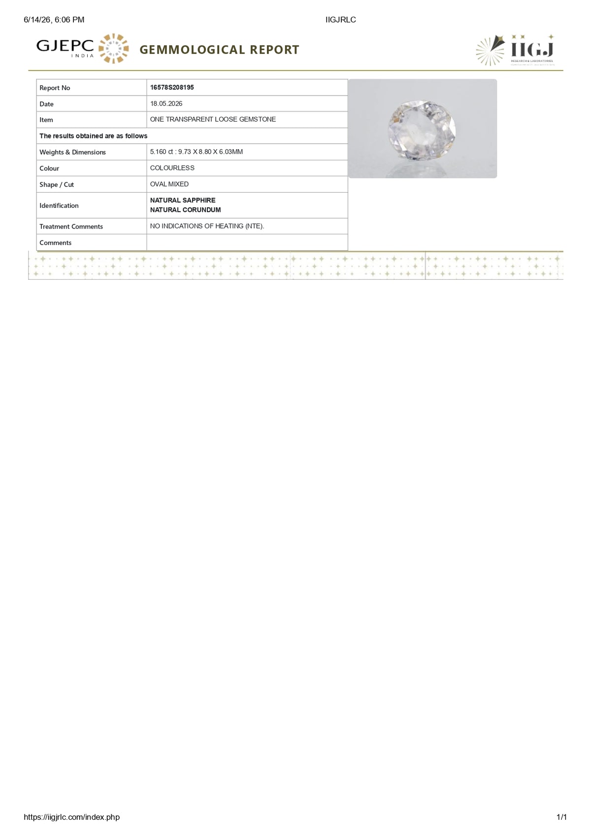 Natural White Sapphire 5.16 Carats / 5.67 Ratti