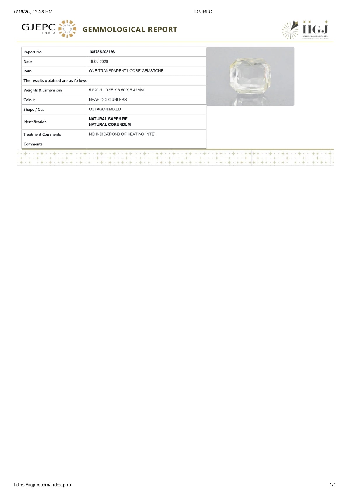 Natural White Sapphire 5.62 Carats / 6.18 Ratti
