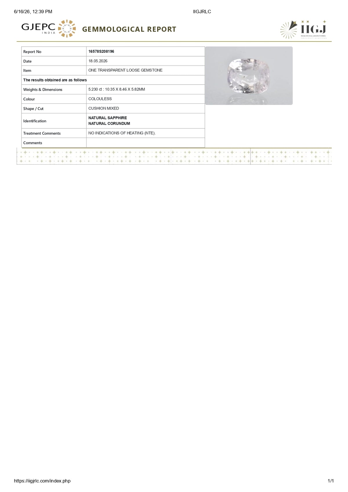 Natural White Sapphire 5.23 Carats / 5.75 Ratti