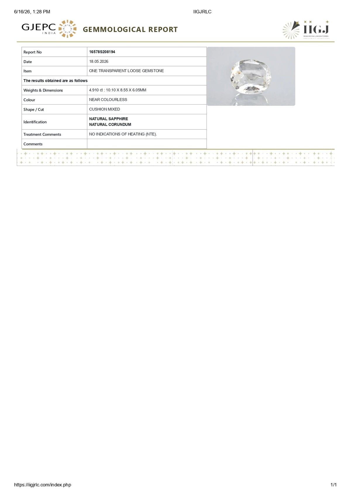 Natural White Sapphire 4.91 Carats / 5.4 Ratti