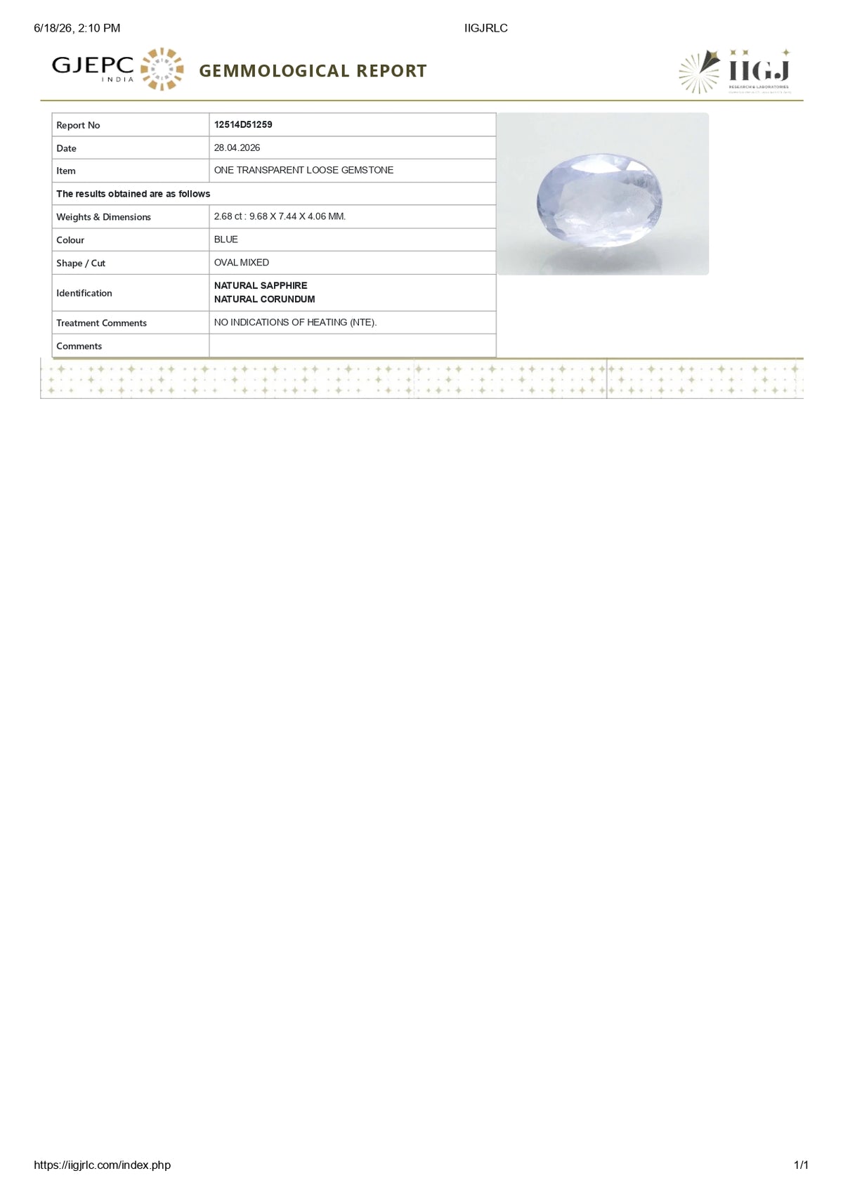 Natural Blue Sapphire 2.68 Carats / 2.95 Ratti