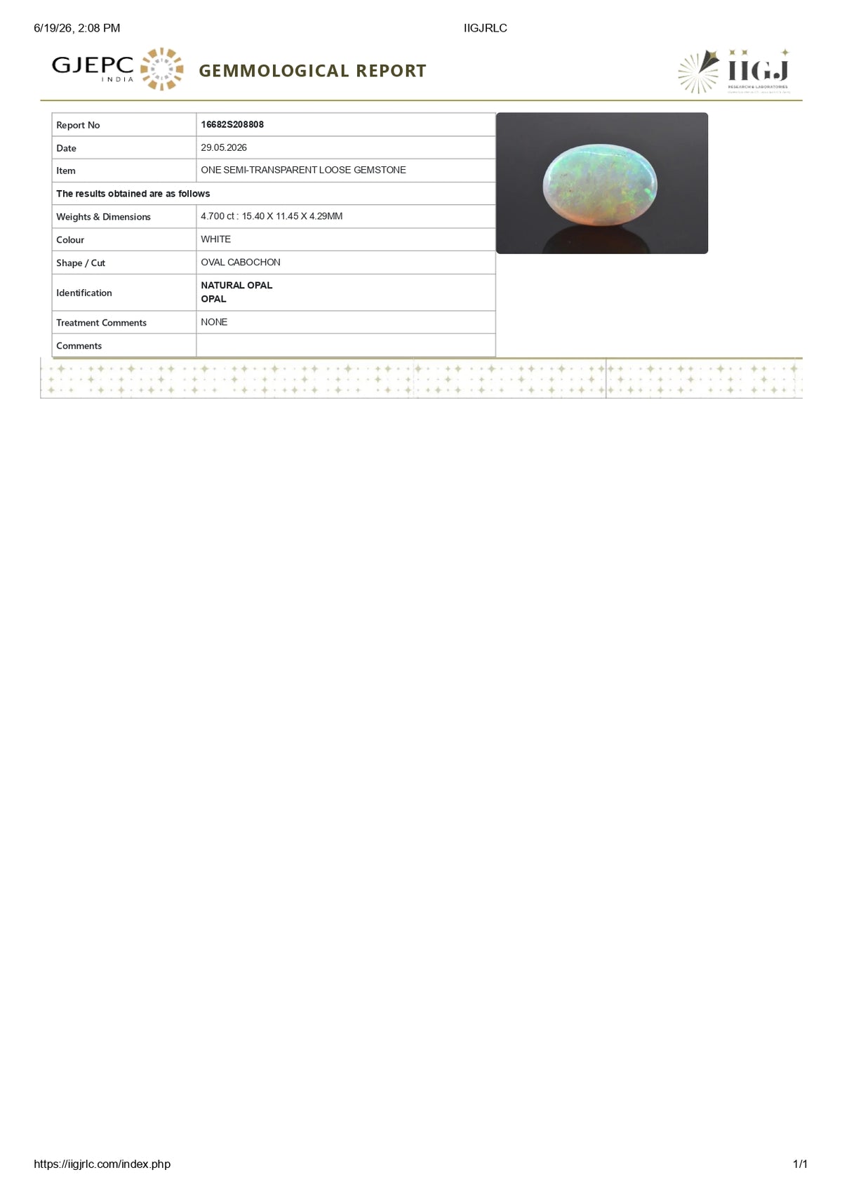 White Opal With Fire 4.70 Carats / 5.16 Ratti